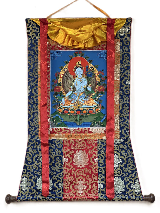 Original Hand Painted White Tara / Mother Goddess / Tibetan Compassion  Meditation Thangka / Thanka Painting with Silk Border