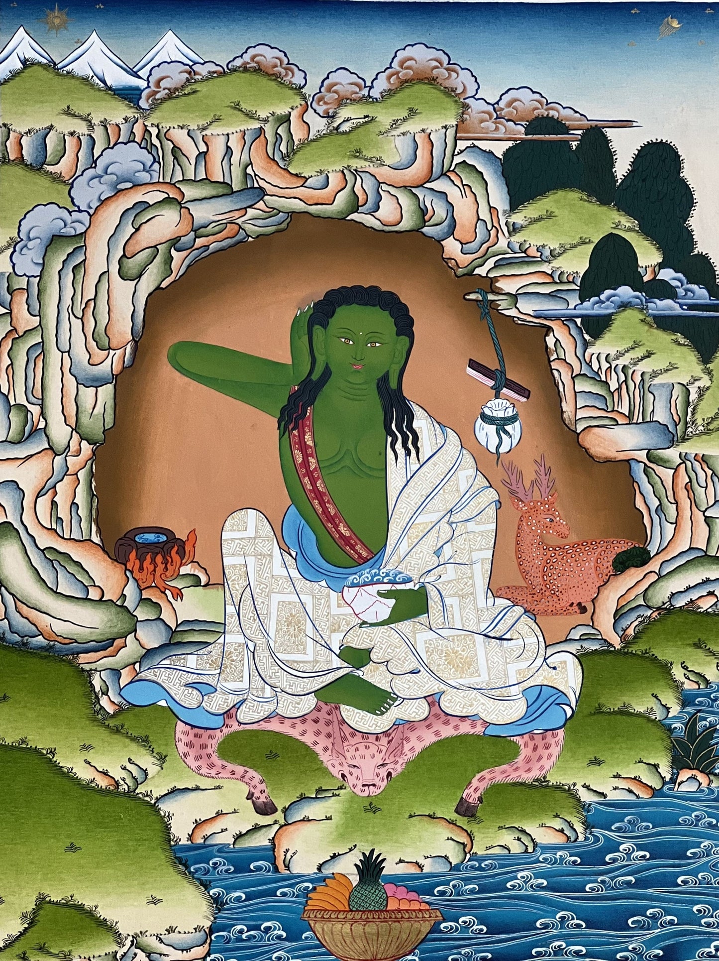 Original Hand-painted Masterpiece Milarepa Tibetan Yogi/ Poet/ Siddha Compassion / Meditation Thangka / Thanka  Painting From Nepal.