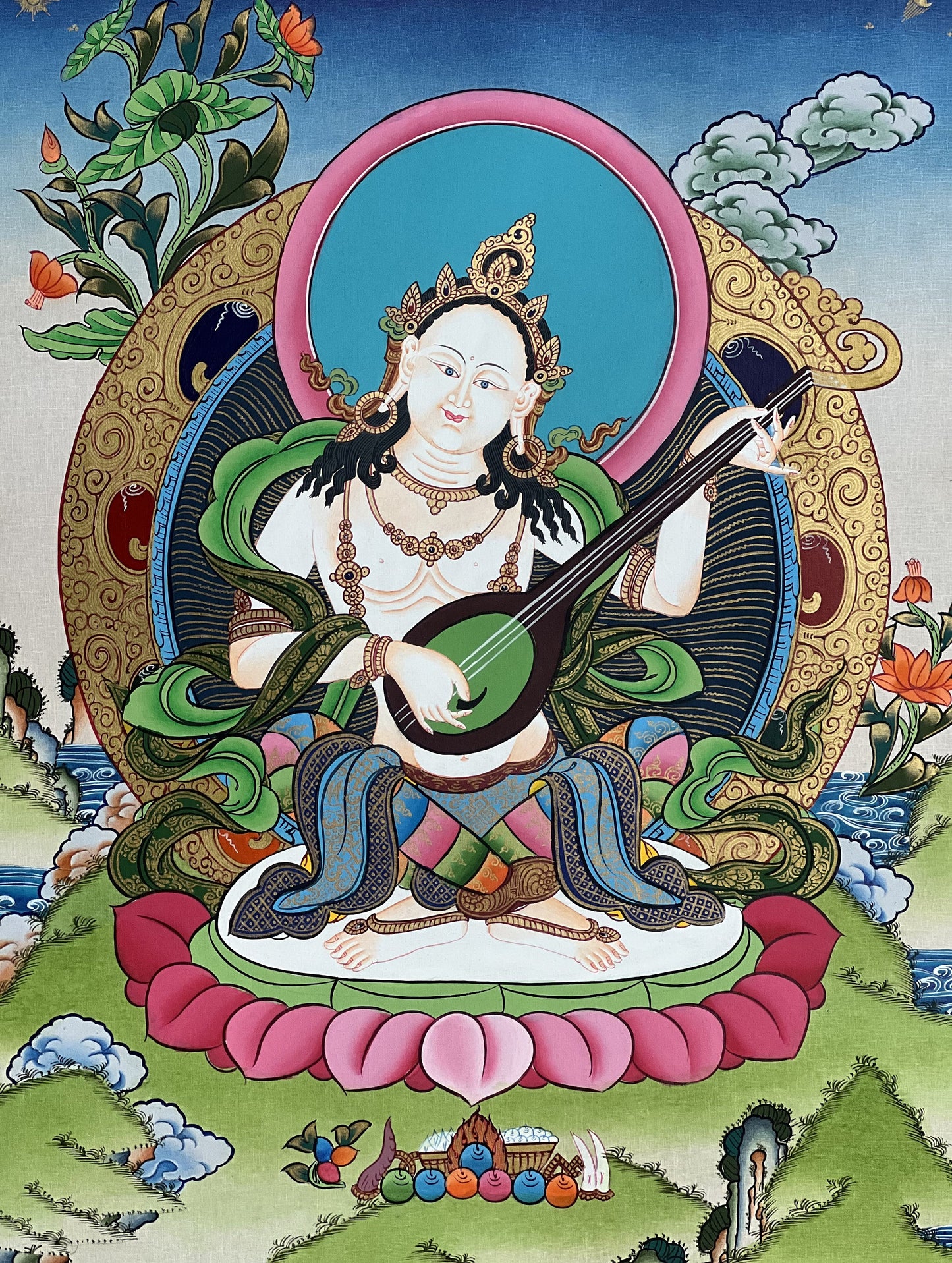 Original hand-painted masterpiece Goddess Saraswati/Sarasvati  Yangchenma Tibetan Thangka painting