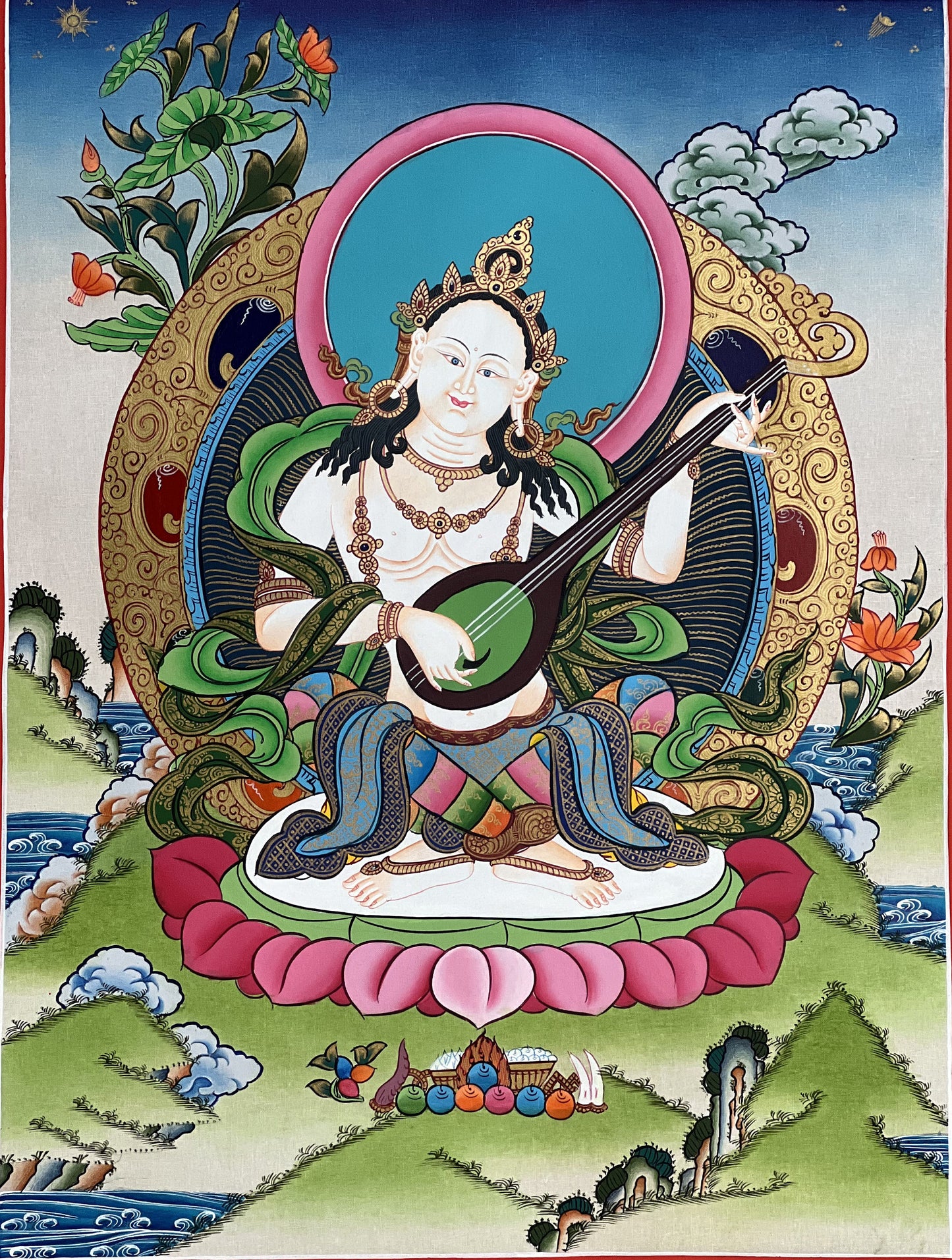 Original hand-painted masterpiece Goddess Saraswati/Sarasvati  Yangchenma Tibetan Thangka painting