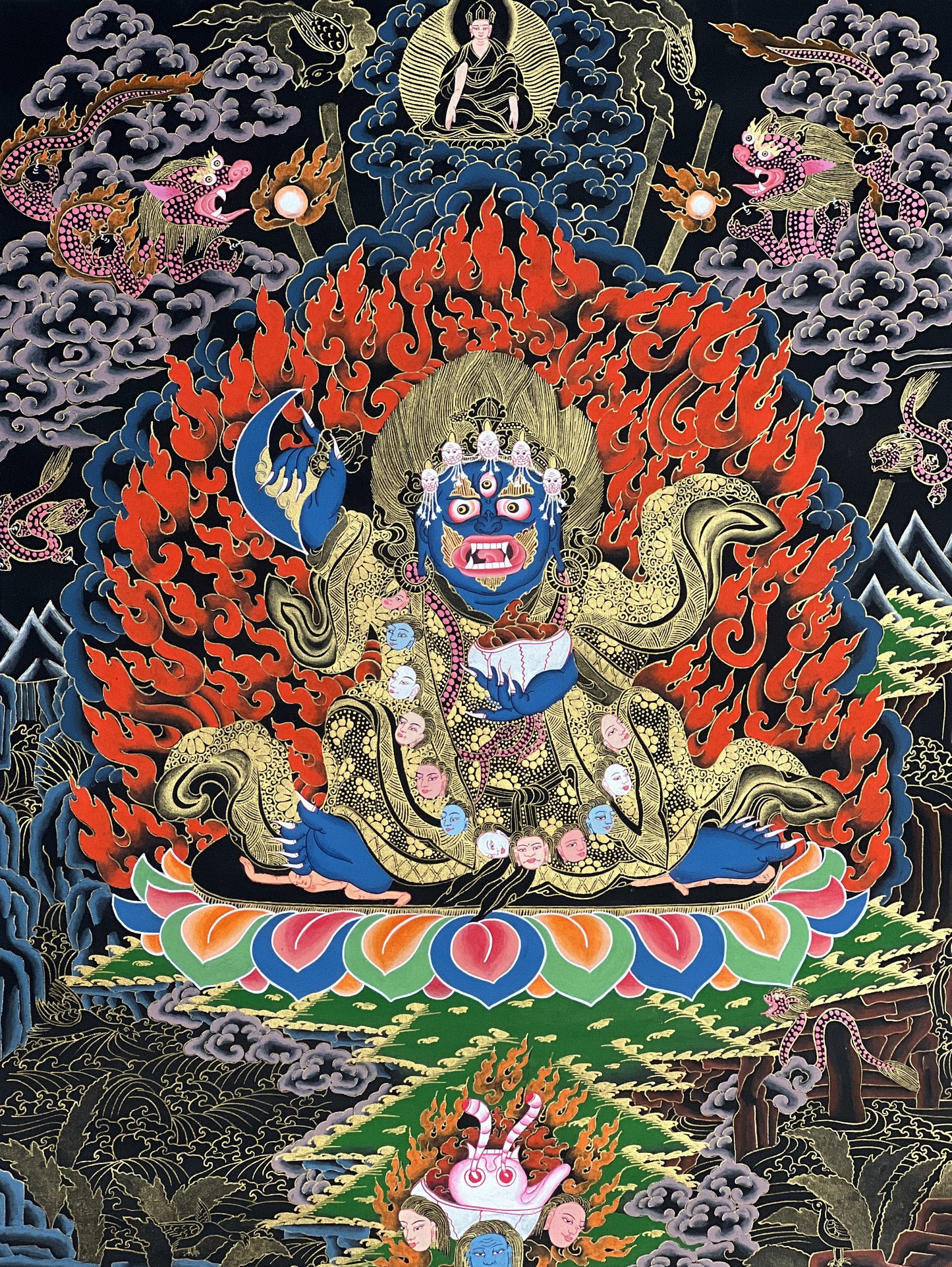 Original Hand Painted Masterpiece Two Armed Mahakala / Protector / Black-Cloaked Mahakala Tibetan  Meditation Thangka / Thanka  Painting