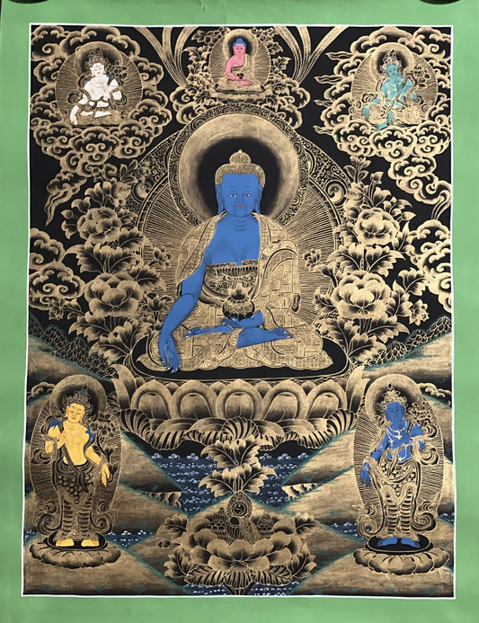 Original Hand-Painted Medicine Buddha / Bhaisajyaguru Tibetan Mediation Thangka / Thanka Painting Compassion Art From Nepal