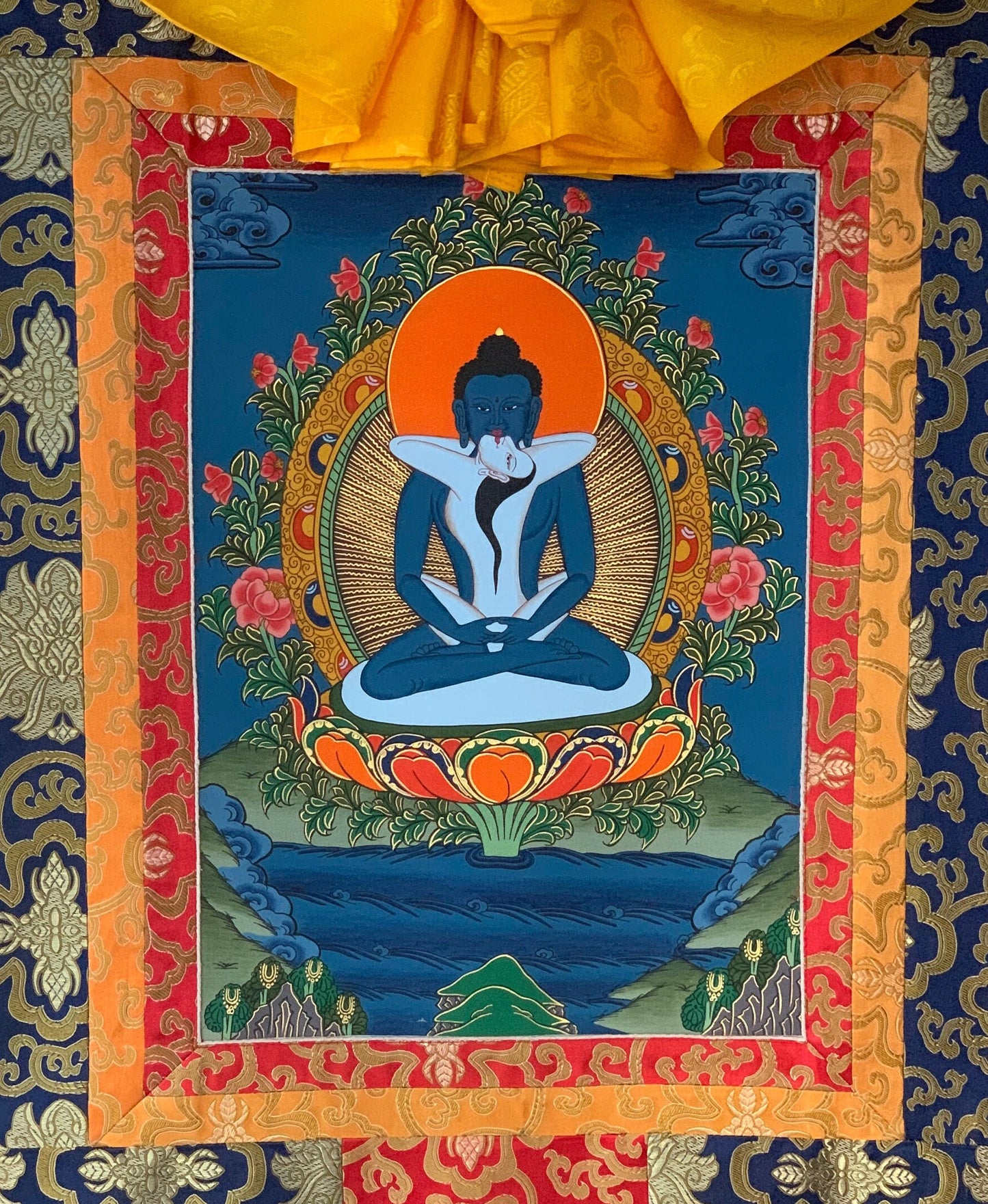 Original Hand-painted Samantabhadra/ Buddha Shakti/ Tantric Buddha Thangka Painting With Silk Brocade