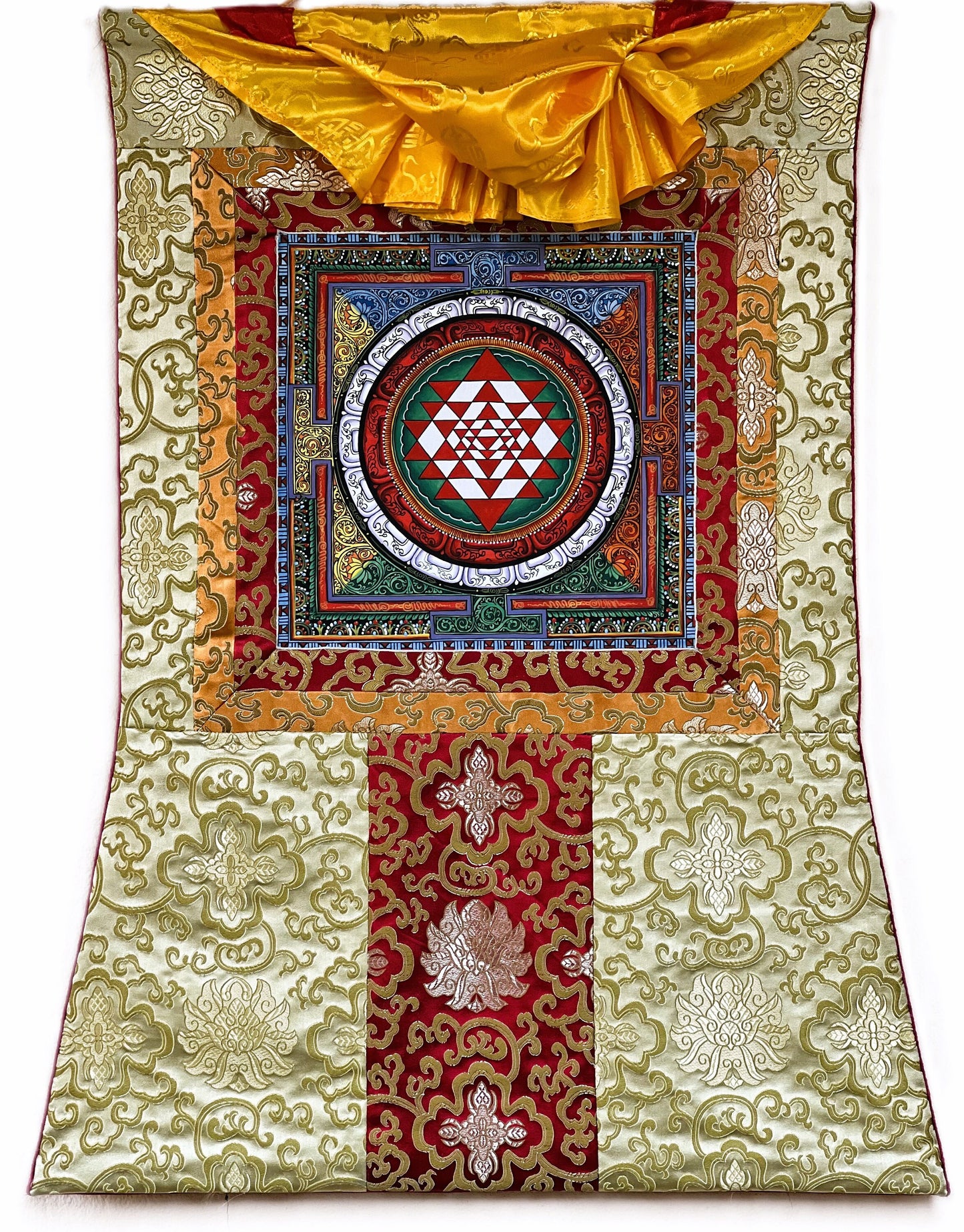 Original Hand-painted Sri Yantra Shri Yantra Shri Chakra Newari, Paubha/ Pauva/ Thangka Painting with Silk Brocade