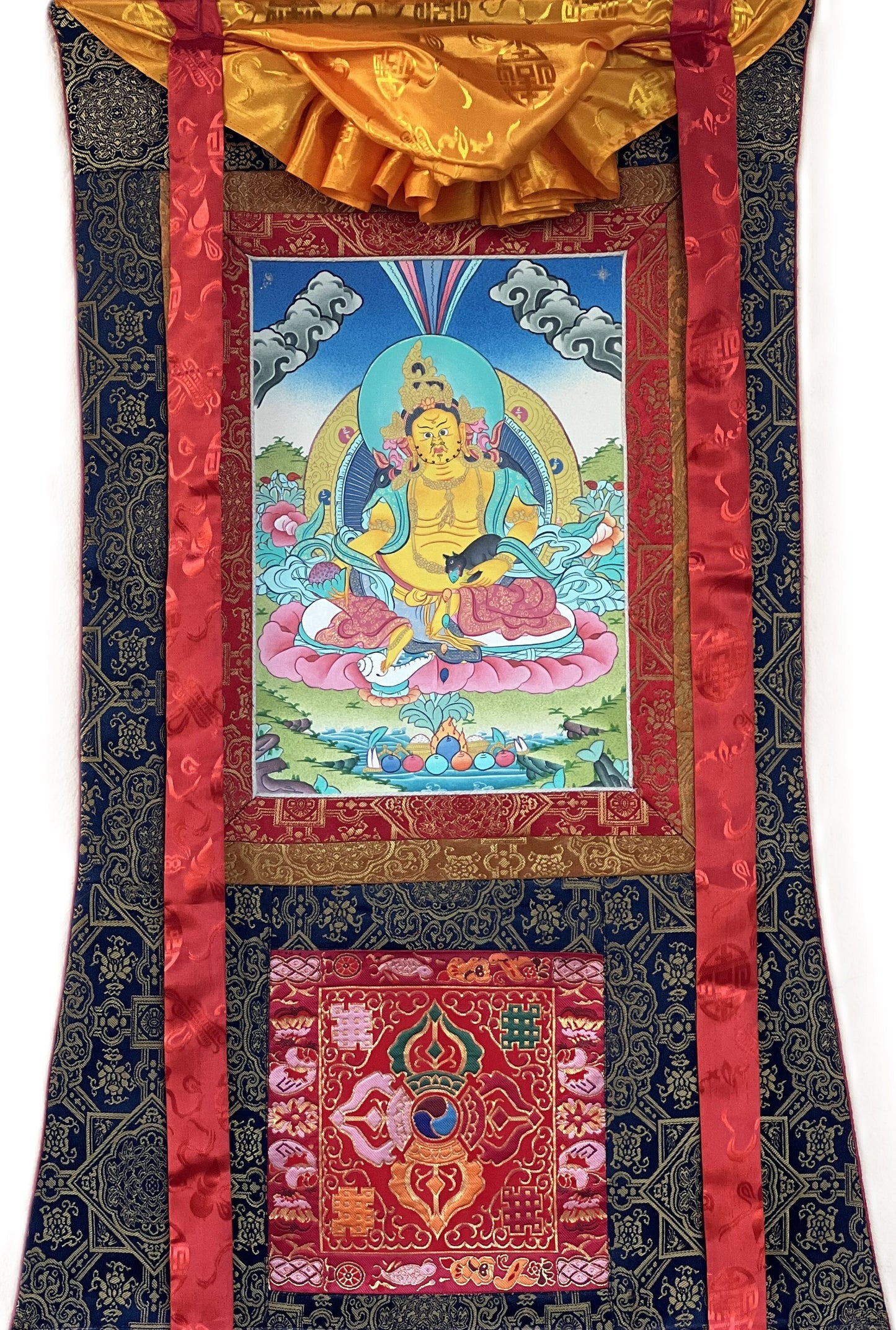 Original Hand Painted Jambhala /God Of Wealth  Tibetan Compassion / Meditation Wall Hanging Masterpiece Thangka with Silk Premium Brocade