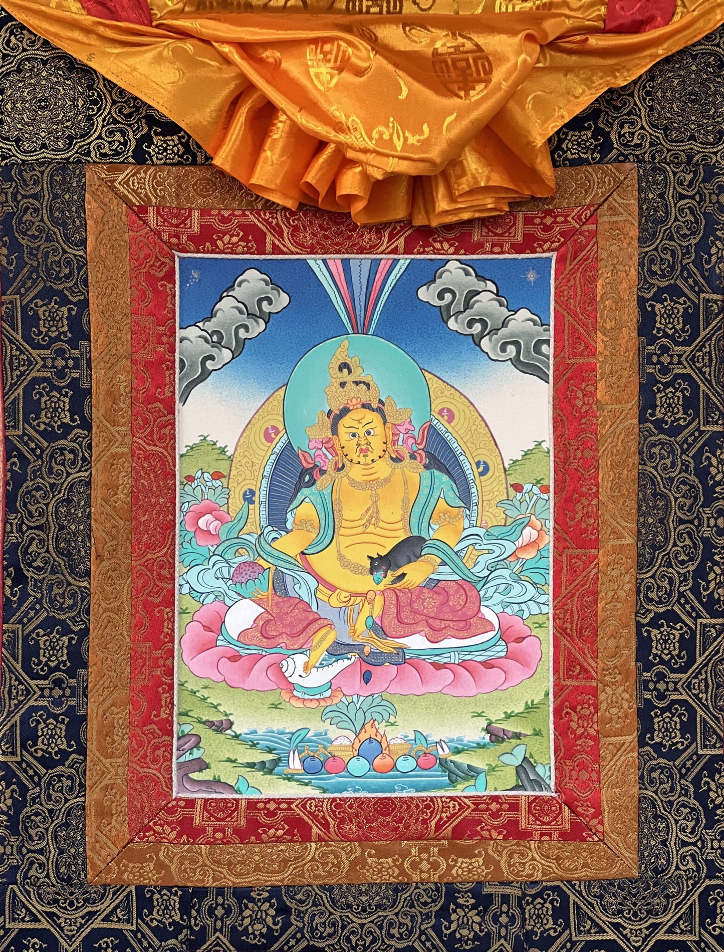 Original Hand Painted Jambhala /God Of Wealth  Tibetan Compassion / Meditation Wall Hanging Masterpiece Thangka with Silk Premium Brocade