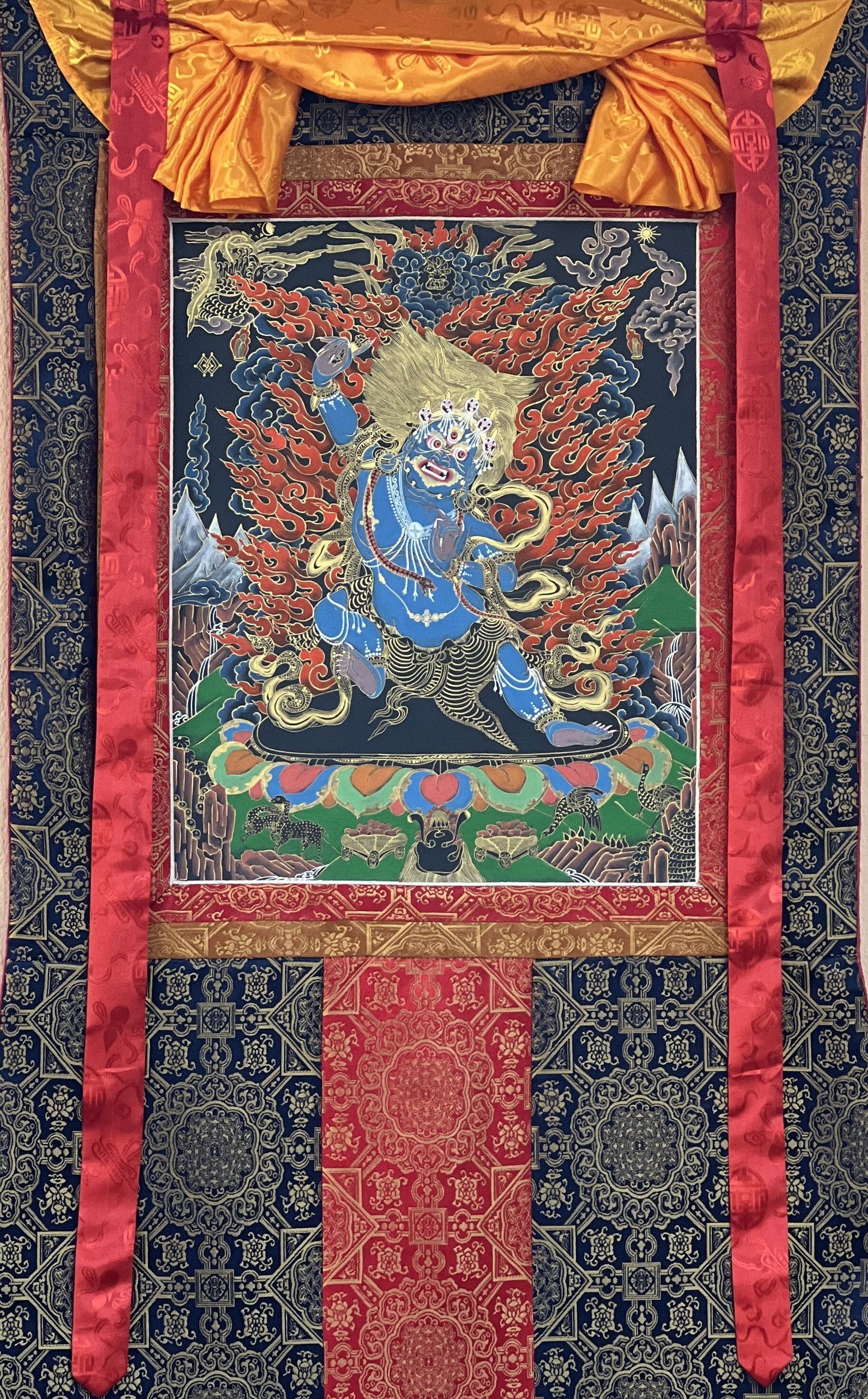 Original Hand Painted Master Quality VAJRAPANI/ Chana Dorji Protector Diety Tibetan Thangka / Thanka  Painting with Premium Silk Brocade