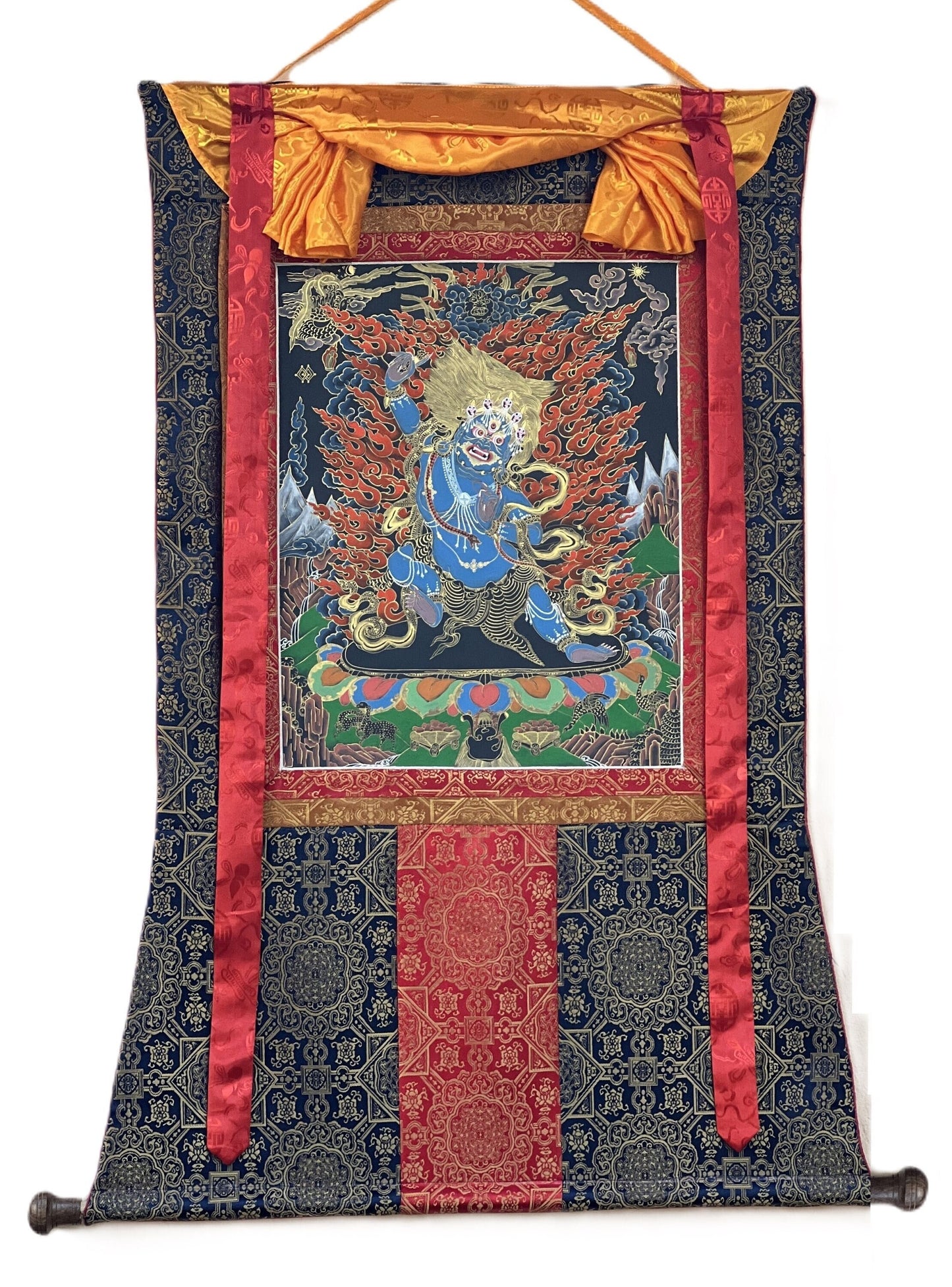 Original Hand Painted Master Quality VAJRAPANI/ Chana Dorji Protector Diety Tibetan Thangka / Thanka  Painting with Premium Silk Brocade