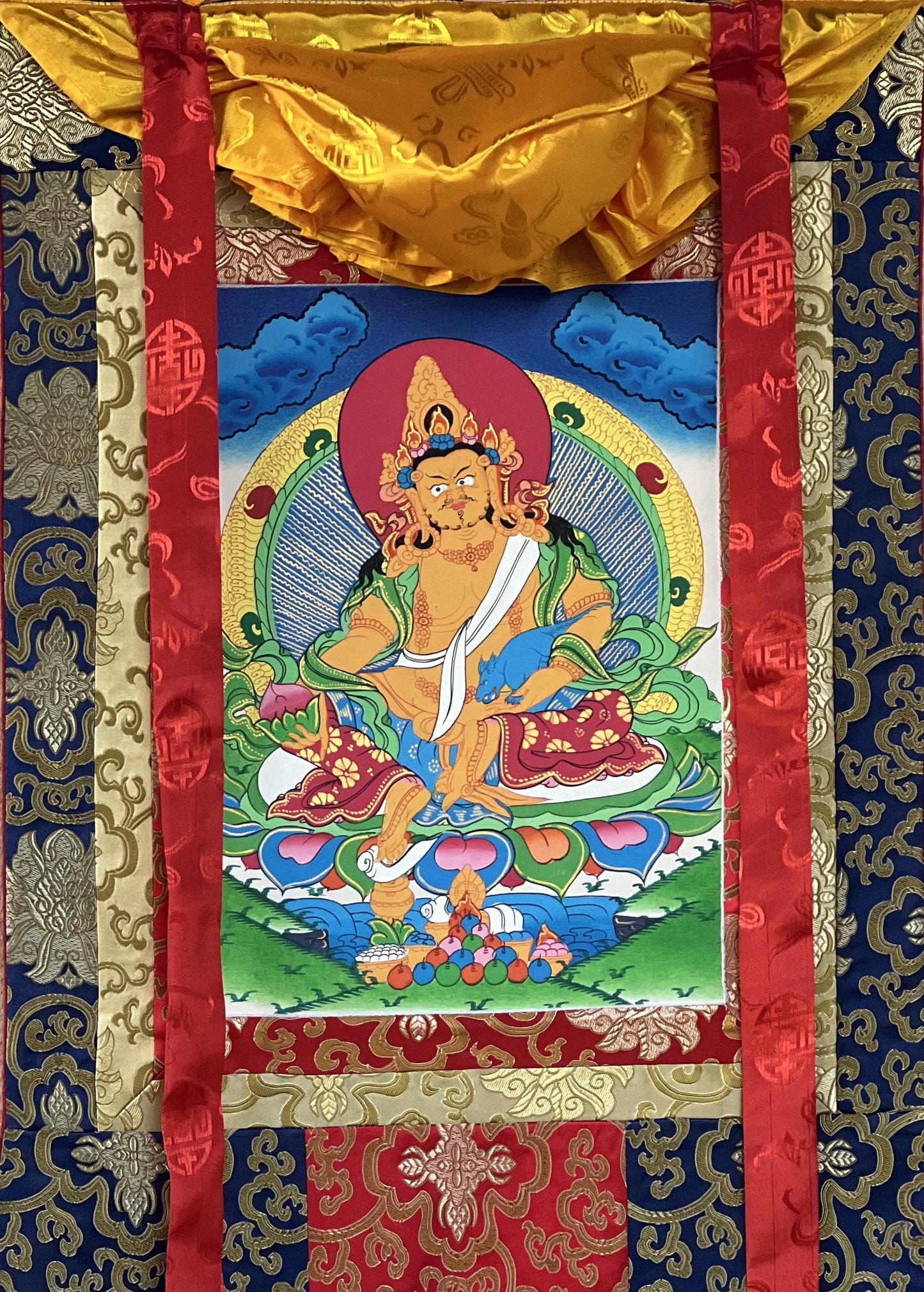 Original Hand Painted Kubera/ Jambhala/ Zambala God Of Wealth Tibetan Compassion / Meditation Thangka Painting with Traditional Silk Brocade