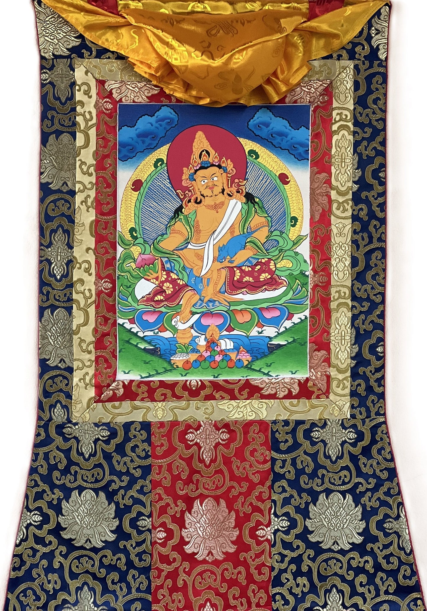 Original Hand Painted Kubera/ Jambhala/ Zambala God Of Wealth Tibetan Compassion / Meditation Thangka Painting with Traditional Silk Brocade