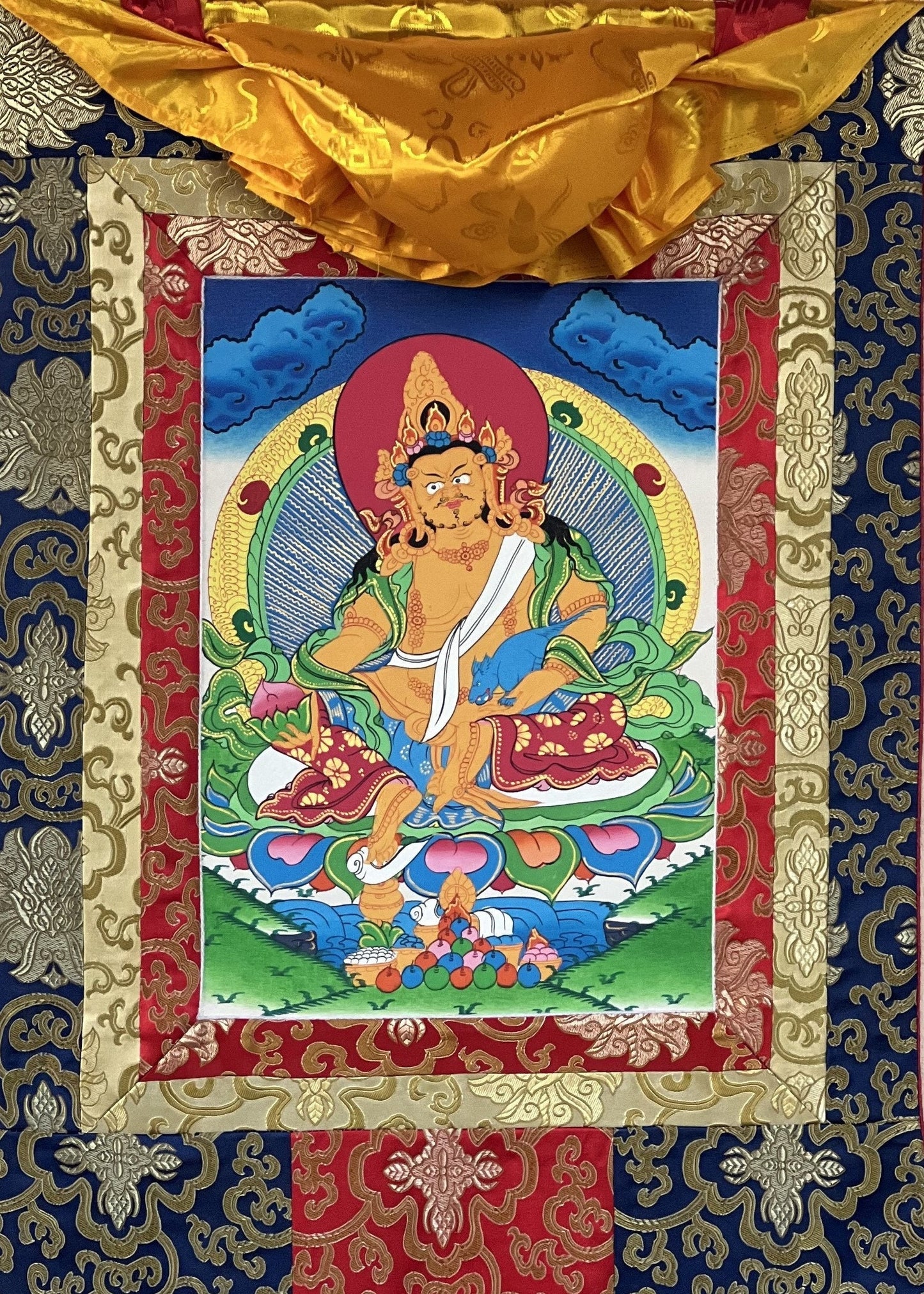 Original Hand Painted Kubera/ Jambhala/ Zambala God Of Wealth Tibetan Compassion / Meditation Thangka Painting with Traditional Silk Brocade