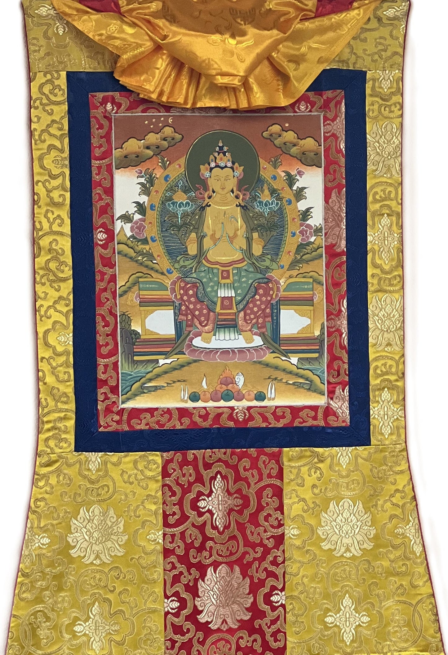 Original Hand-Painted Maitreya / Future Buddha for Dharma, Peace, and Prosperity Tibetan Thangka Painting with Traditional  Silk Brocade