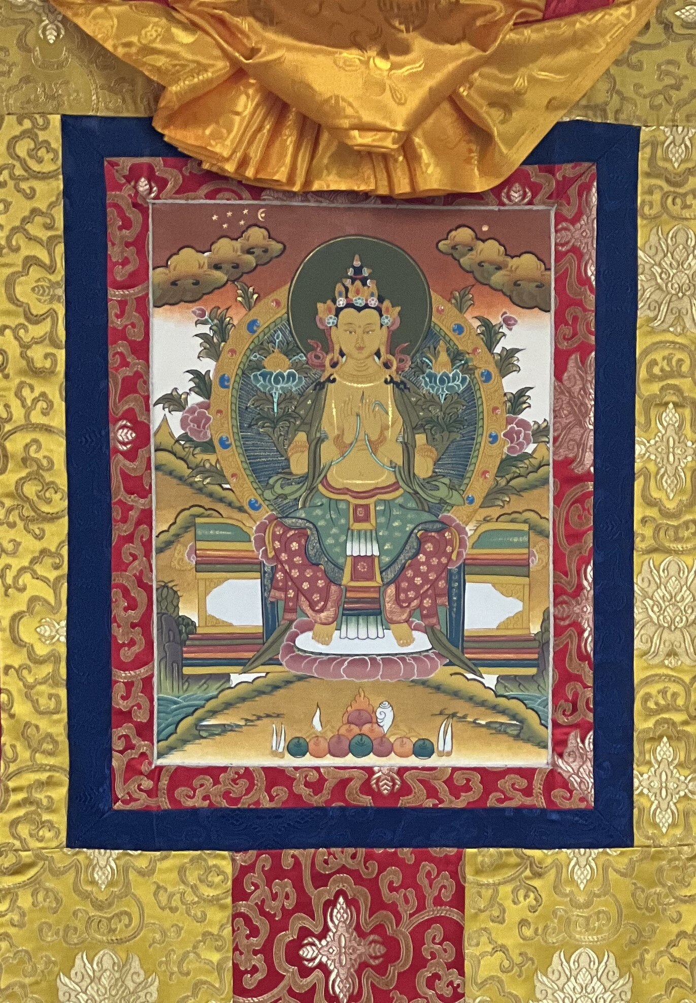 Original Hand-Painted Maitreya / Future Buddha for Dharma, Peace, and Prosperity Tibetan Thangka Painting with Traditional  Silk Brocade