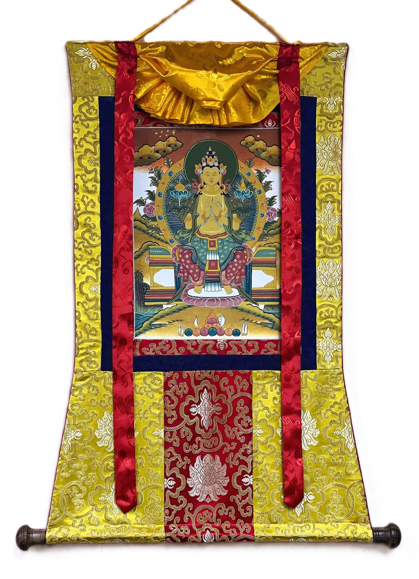 Original Hand-Painted Maitreya / Future Buddha for Dharma, Peace, and Prosperity Tibetan Thangka Painting with Traditional  Silk Brocade