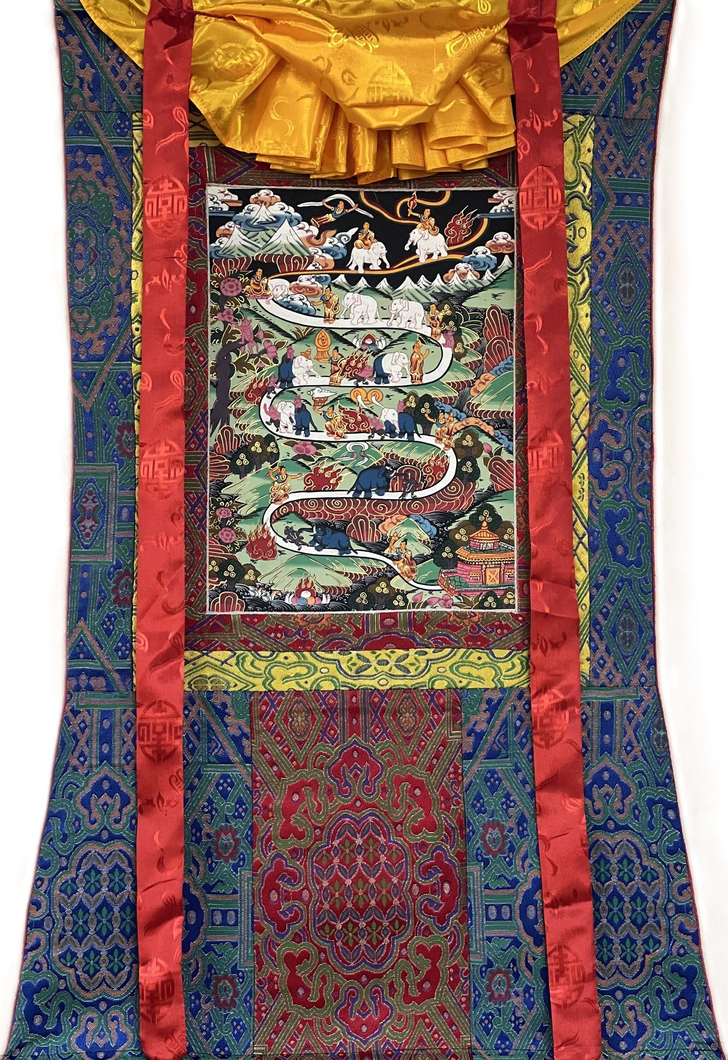 Original Hand-painted Samatha Meditation Elephant Path  Way to Heaven/ Nirvana  Master quality Tibetan Thangka Painting With Silk Brocade