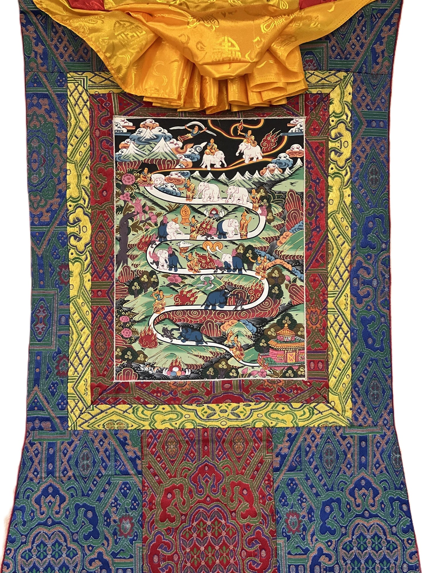 Original Hand-painted Samatha Meditation Elephant Path  Way to Heaven/ Nirvana  Master quality Tibetan Thangka Painting With Silk Brocade