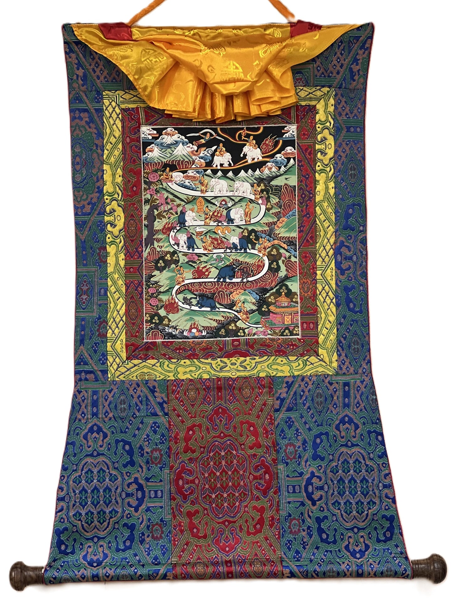 Original Hand-painted Samatha Meditation Elephant Path  Way to Heaven/ Nirvana  Master quality Tibetan Thangka Painting With Silk Brocade