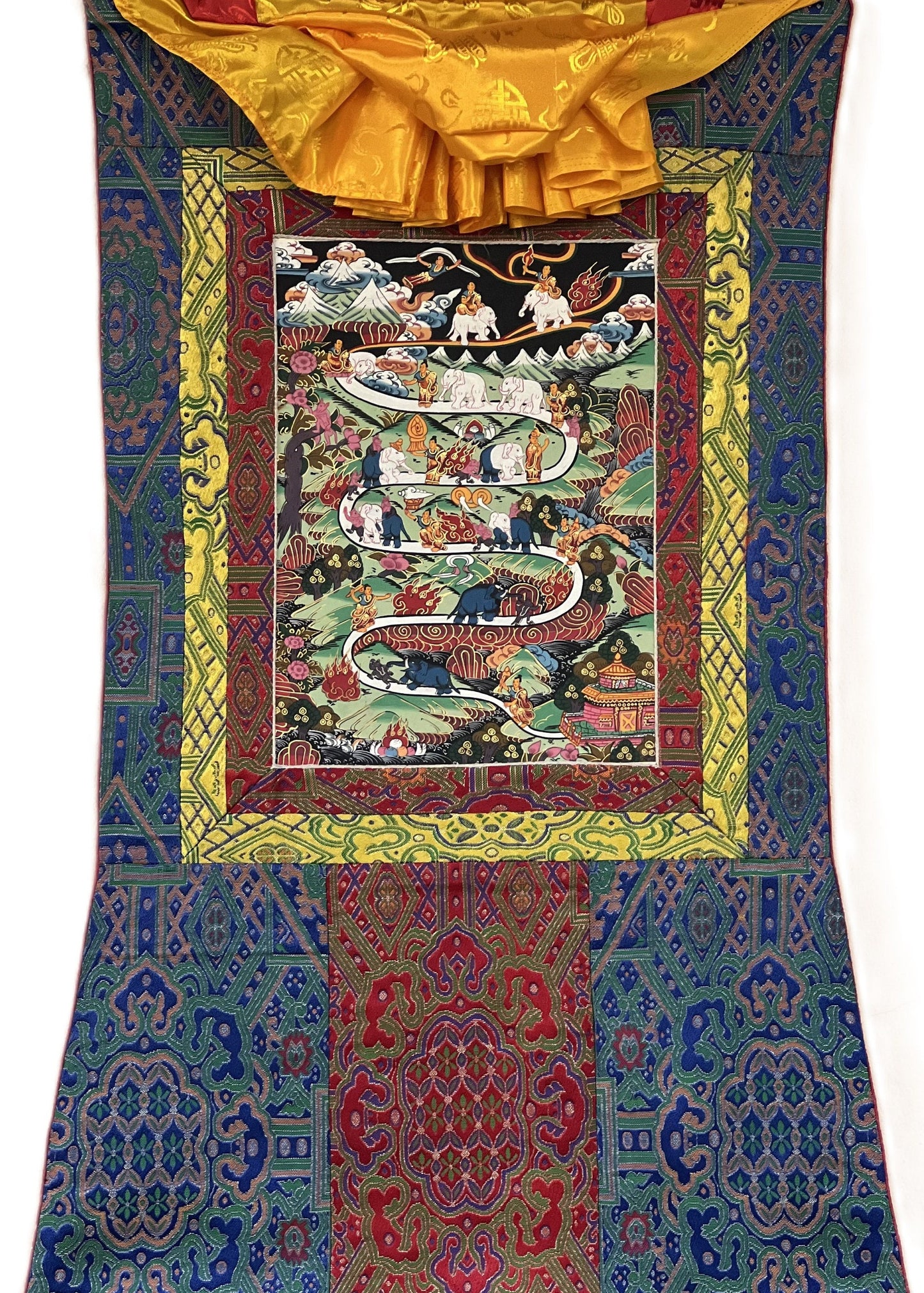 Original Hand-painted Samatha Meditation Elephant Path  Way to Heaven/ Nirvana  Master quality Tibetan Thangka Painting With Silk Brocade