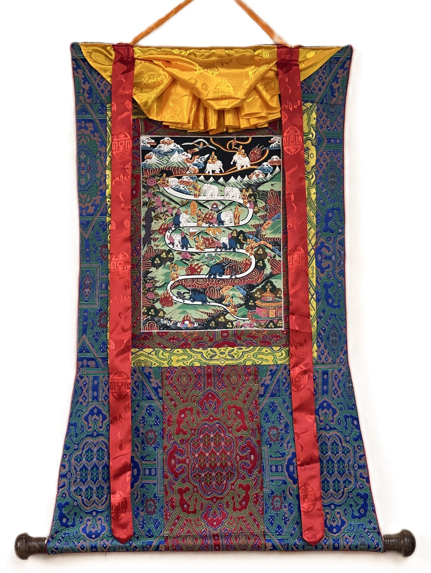 Original Hand-painted Samatha Meditation Elephant Path  Way to Heaven/ Nirvana  Master quality Tibetan Thangka Painting With Silk Brocade