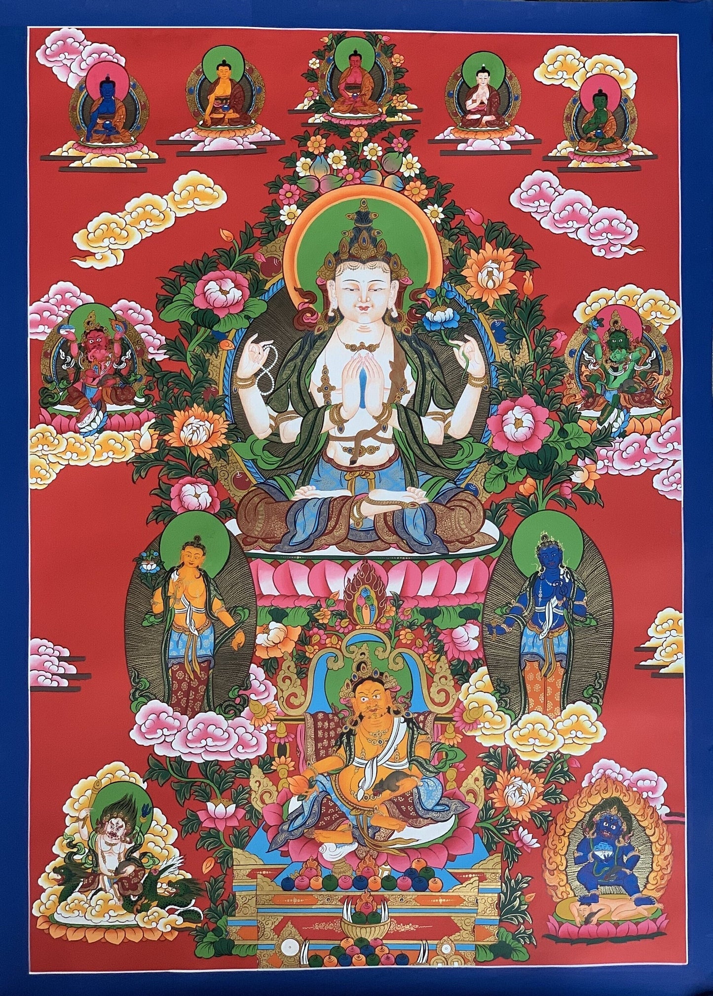 Original Hand Painted Masterpiece Avalokiteshvara/Chenrezig / Compassion Buddha 24 K Gold Tibetan Meditation Thangka / Thanka Painting