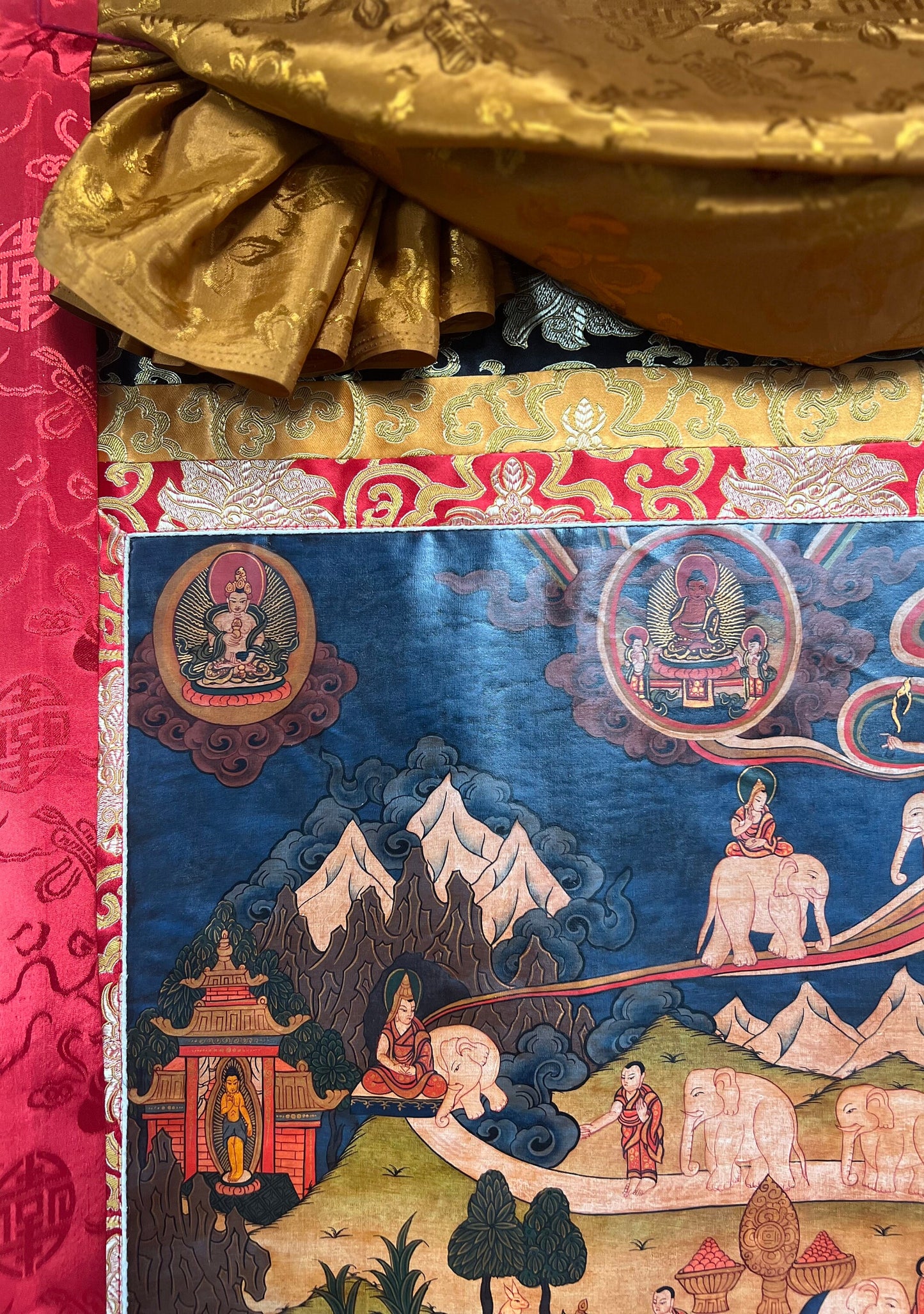 Original Hand-painted Samatha Meditation/ Elephant Path/ Way to Heaven Old Oil-Varnished Large Tibetan Thangka Painting with Silk Brocade