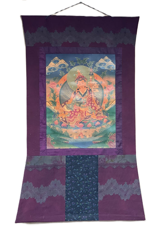 Original Hand-painted Guru Rinpoche/ PADMASAMBHAVA – PRECIOUS MASTER,  Old Oil Varnished Tibetan Thangka Painting Bordered with Cotton