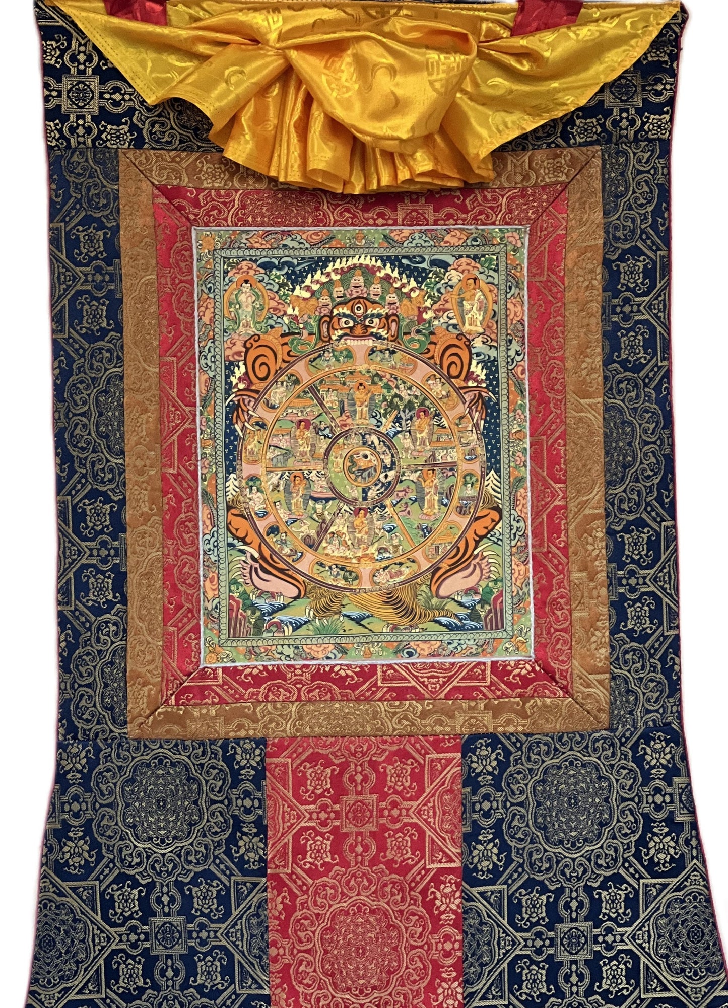 Original Hand-painted  Wheel of Life  Bhavachakra Riduk Mandala Tibetan Thangka Painting with Premium Silk Brocade