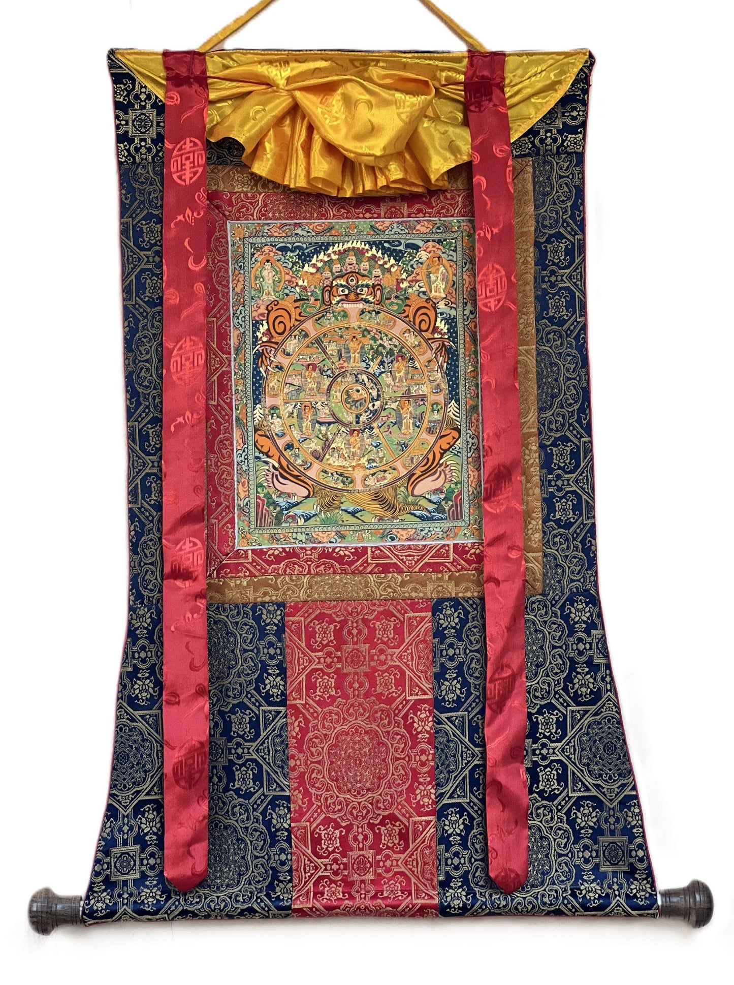 Original Hand-painted  Wheel of Life  Bhavachakra Riduk Mandala Tibetan Thangka Painting with Premium Silk Brocade