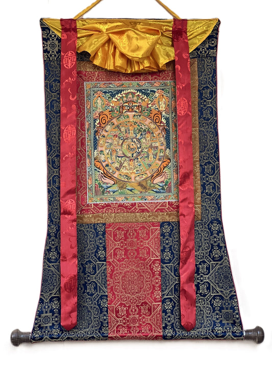 Original Hand-painted  Wheel of Life  Bhavachakra Riduk Mandala Tibetan Thangka Painting with Premium Silk Brocade