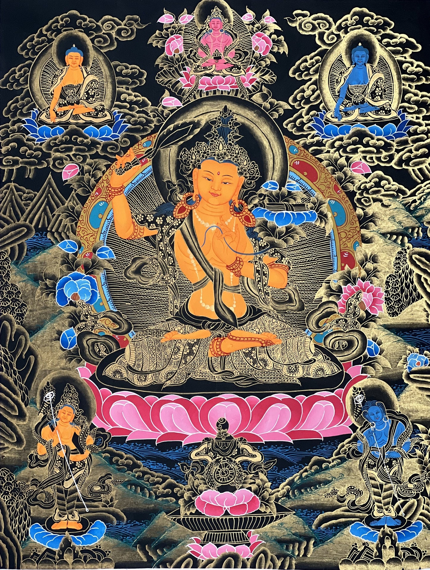 Original Hand-painted Manjushri/ Manjushree Bodhisattva Compassion Meditation Tibetan Thangka Painting with Silk Brocade