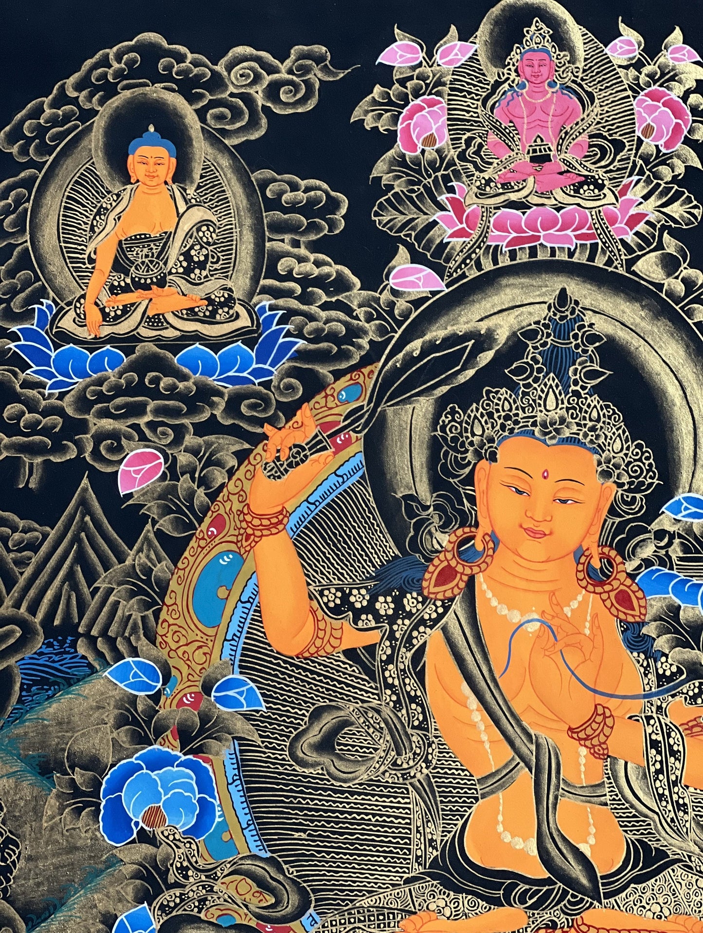 Original Hand-painted Manjushri/ Manjushree Bodhisattva Compassion Meditation Tibetan Thangka Painting with Silk Brocade