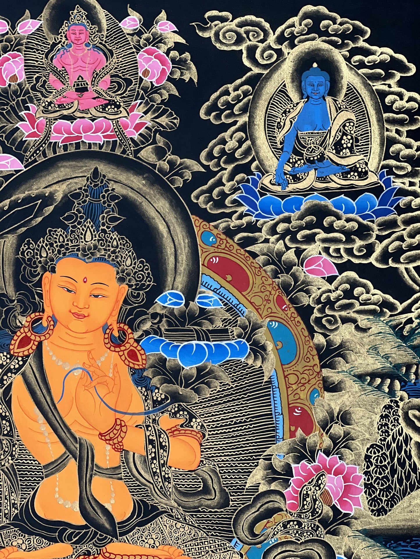 Original Hand-painted Manjushri/ Manjushree Bodhisattva Compassion Meditation Tibetan Thangka Painting with Silk Brocade