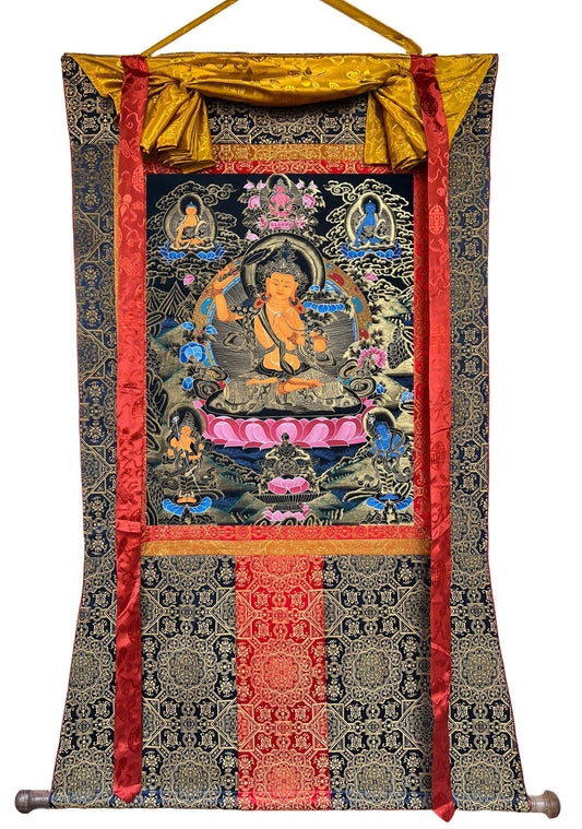 Original Hand-painted Manjushri/ Manjushree Bodhisattva Compassion Meditation Tibetan Thangka Painting with Silk Brocade