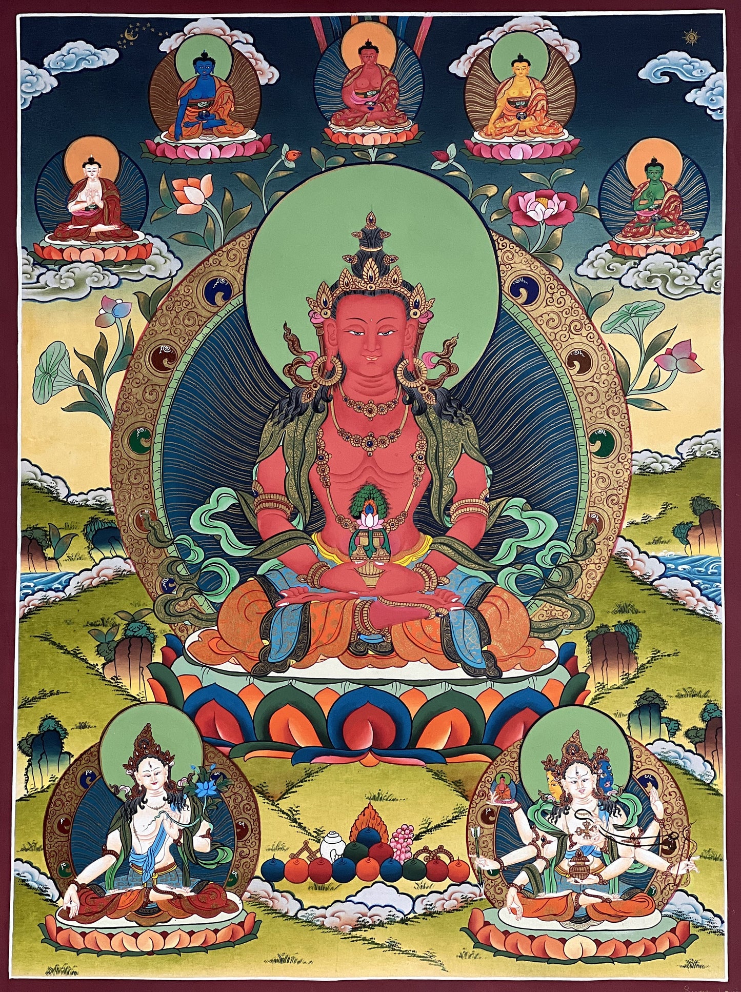 Original Hand-painted  Buddha Amitayus/ Aparmita  / Amitabha/Tsepame/ 24 K Gold Masterpiece Tibetan Thangka Painting  from Nepal