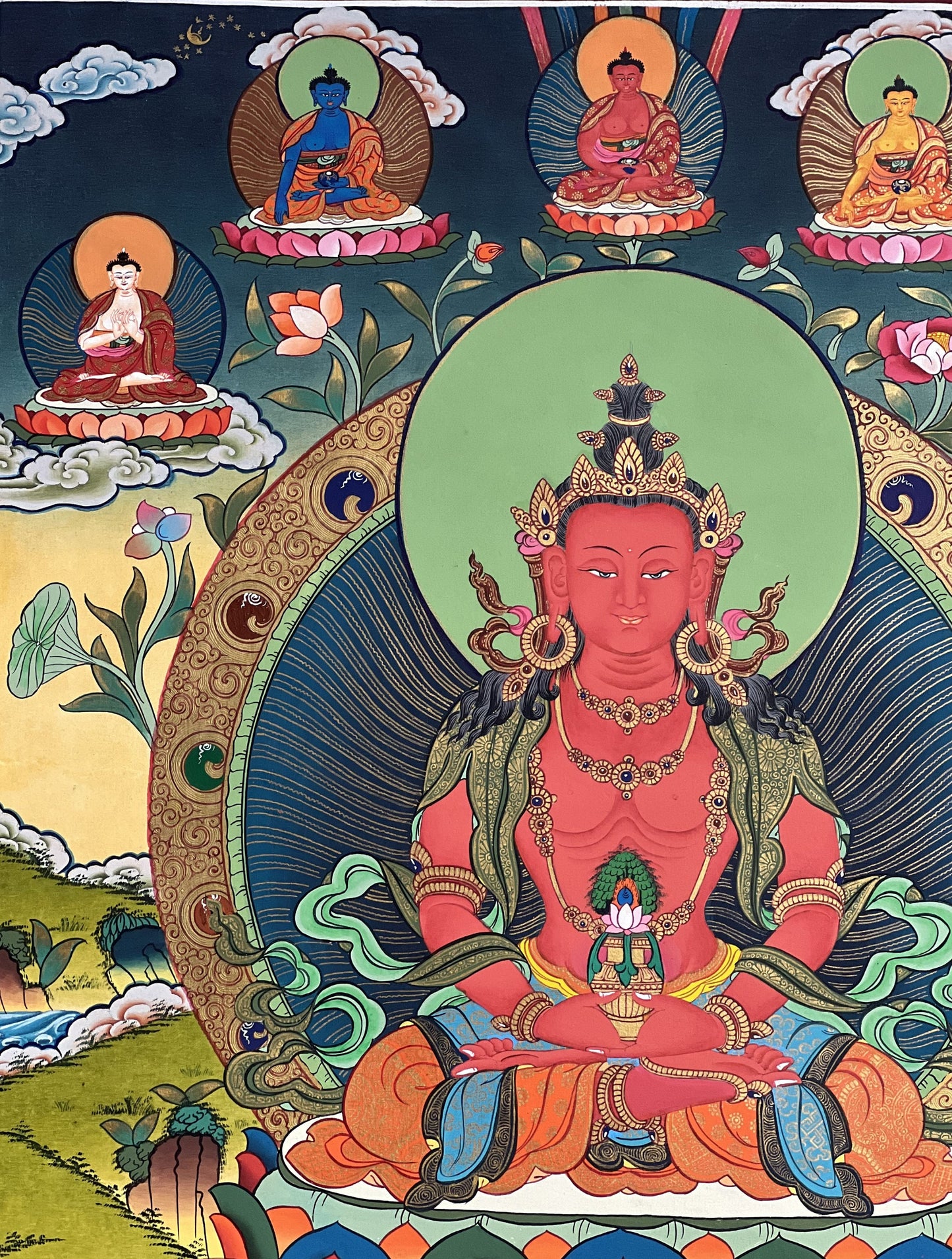 Original Hand-painted  Buddha Amitayus/ Aparmita  / Amitabha/Tsepame/ 24 K Gold Masterpiece Tibetan Thangka Painting  from Nepal