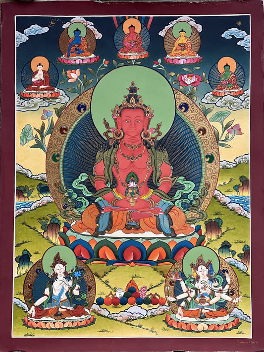 Original Hand-painted  Buddha Amitayus/ Aparmita  / Amitabha/Tsepame/ 24 K Gold Masterpiece Tibetan Thangka Painting  from Nepal