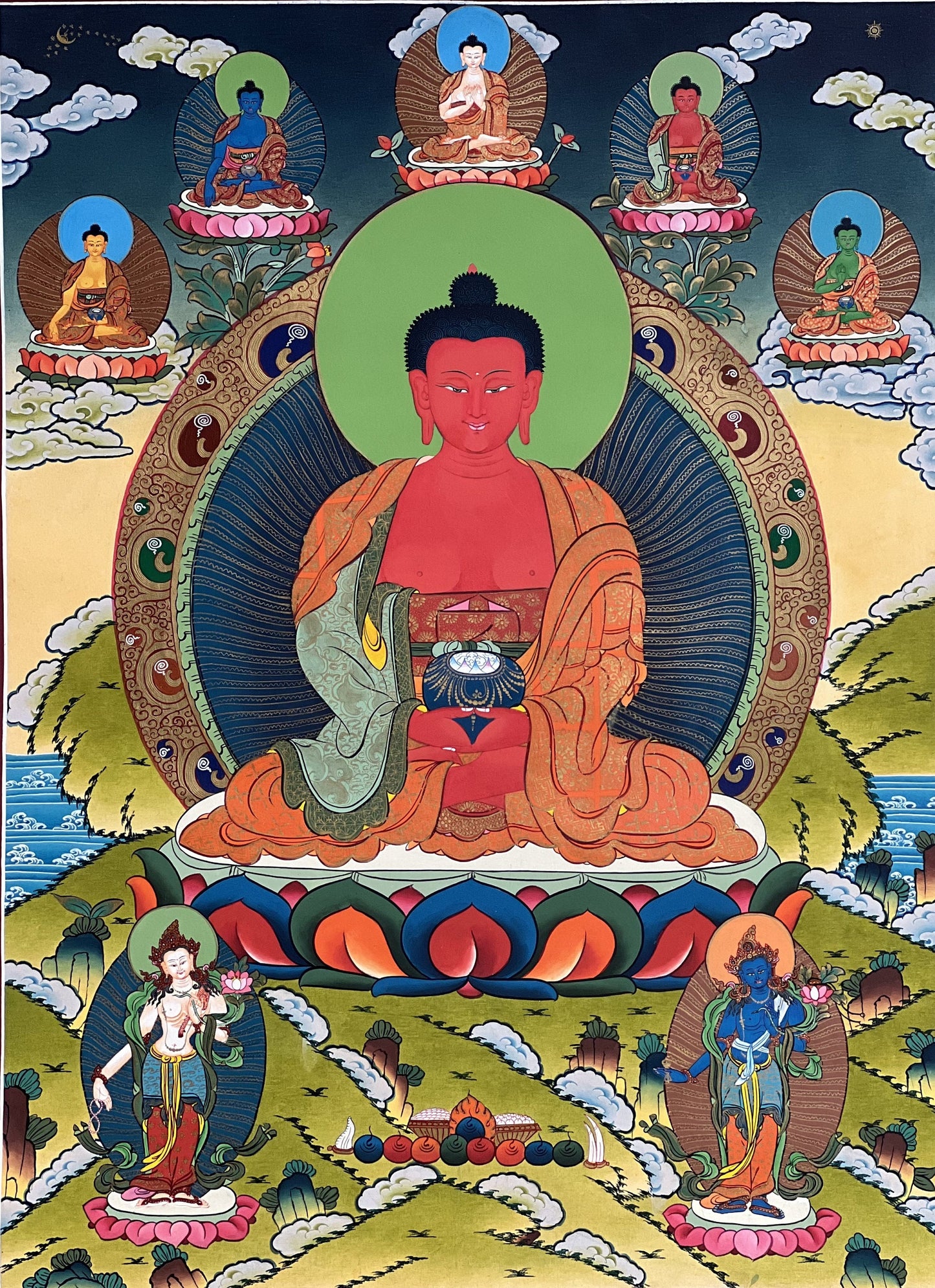 Original Hand-painted Amitabha Buddha High-Quality Masterpiece 24 K Gold Tibetan Thangka Painting