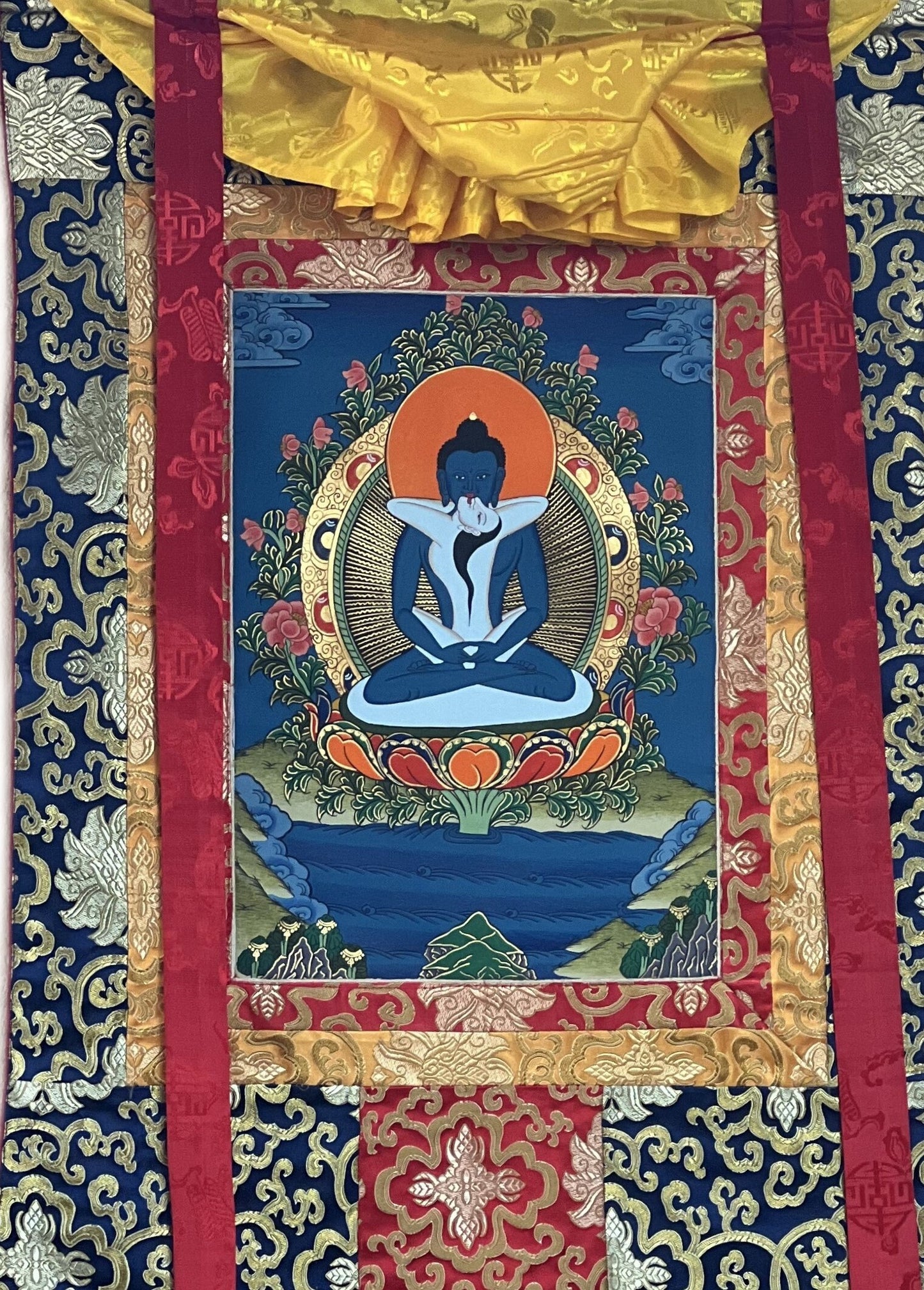 Original Hand-painted Samantabhadra/ Buddha Shakti/ Tantra Buddha Tibetan Thangka Painting with Silk Brocade