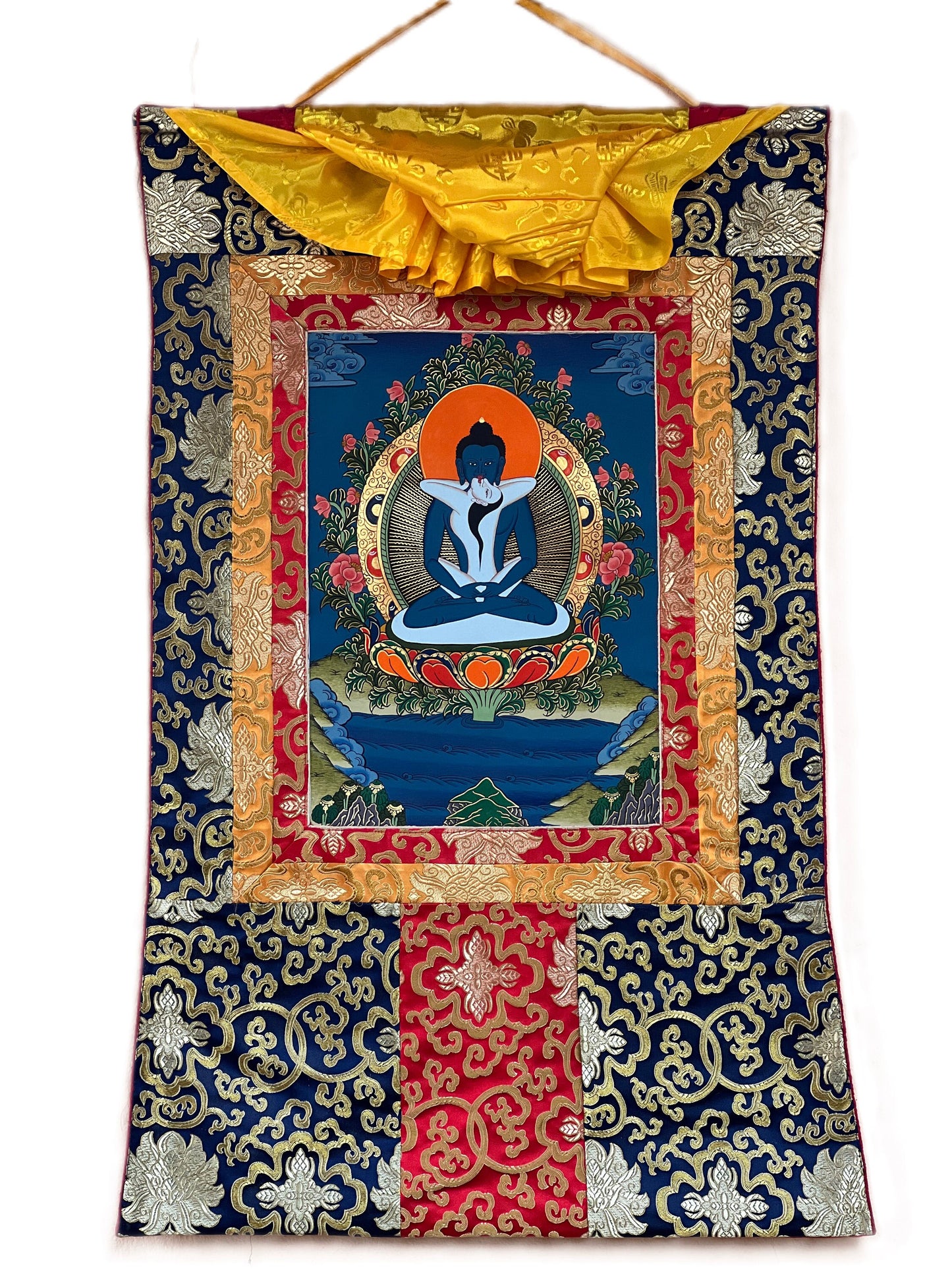 Original Hand-painted Samantabhadra/ Buddha Shakti/ Tantra Buddha Tibetan Thangka Painting with Silk Brocade