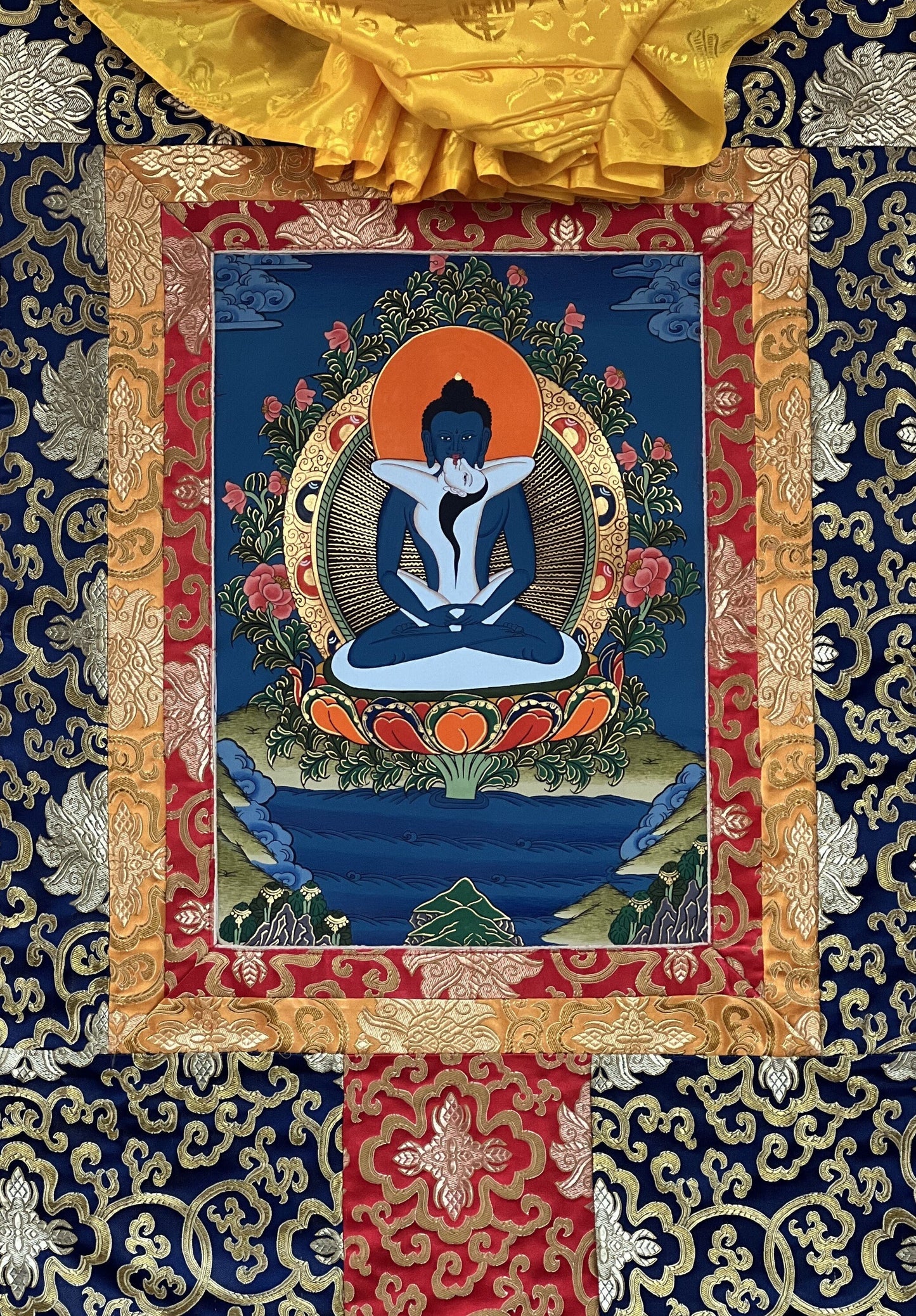 Original Hand-painted Samantabhadra/ Buddha Shakti/ Tantra Buddha Tibetan Thangka Painting with Silk Brocade