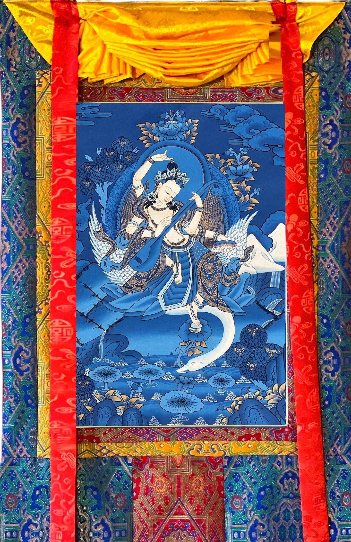 Original Hand-painted Mother Saraswati/Saraswoti/ Sarasavati Goddess of Learning Art Music Thangka Painting with High Quality  Silk Brocade