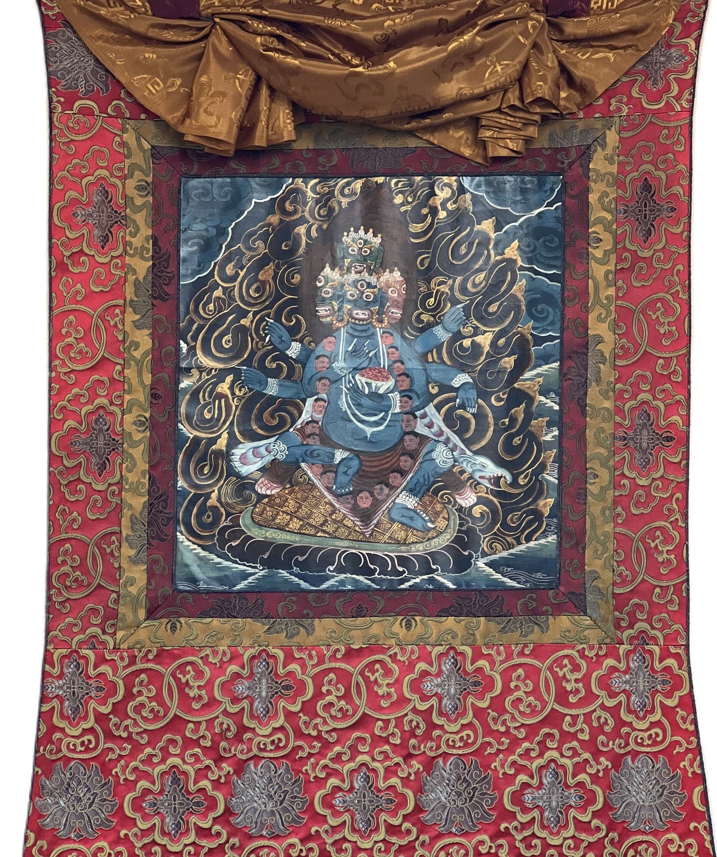 Original Hand-painted Multi-Headed, Demigod  Bhairava or Kalabhairava Guardian Diety Old Oiled Thanka Painting Newari Art  with Silk Brocade