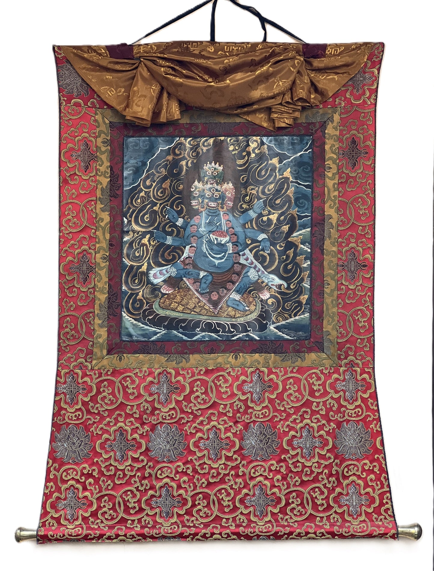 Original Hand-painted Multi-Headed, Demigod  Bhairava or Kalabhairava Guardian Diety Old Oiled Thanka Painting Newari Art  with Silk Brocade