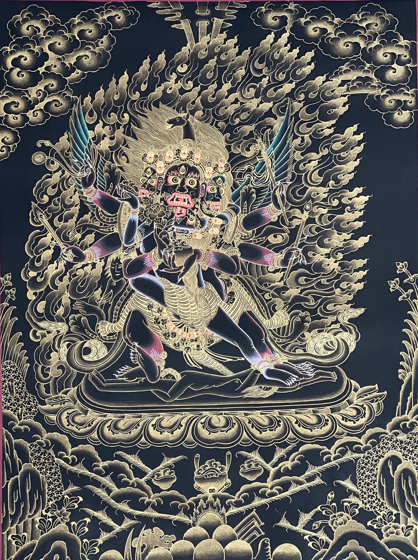 Original Hand-painted Masterpiece Yamantaka with Shakti Protector Tibetan Thangka Painting /Tantra Art with High Quality Silk Brocade