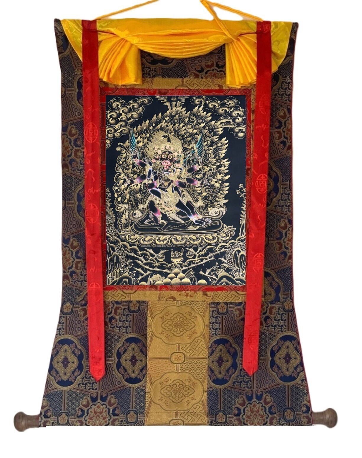 Original Hand-painted Masterpiece Yamantaka with Shakti Protector Tibetan Thangka Painting /Tantra Art with High Quality Silk Brocade