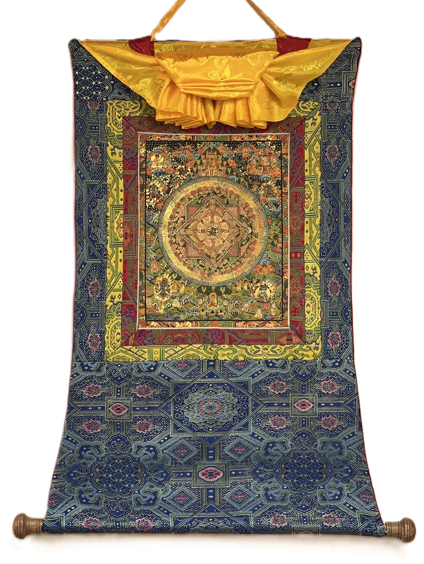 Original Hand-painted Wheel of Life Heruka in Center Tibetan Thangka/Thanka Painting Wall Hanging Meditation Art with Premium Silk Brocade