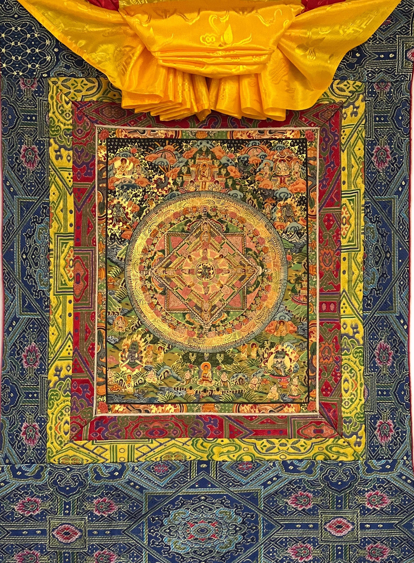 Original Hand-painted Wheel of Life Heruka in Center Tibetan Thangka/Thanka Painting Wall Hanging Meditation Art with Premium Silk Brocade