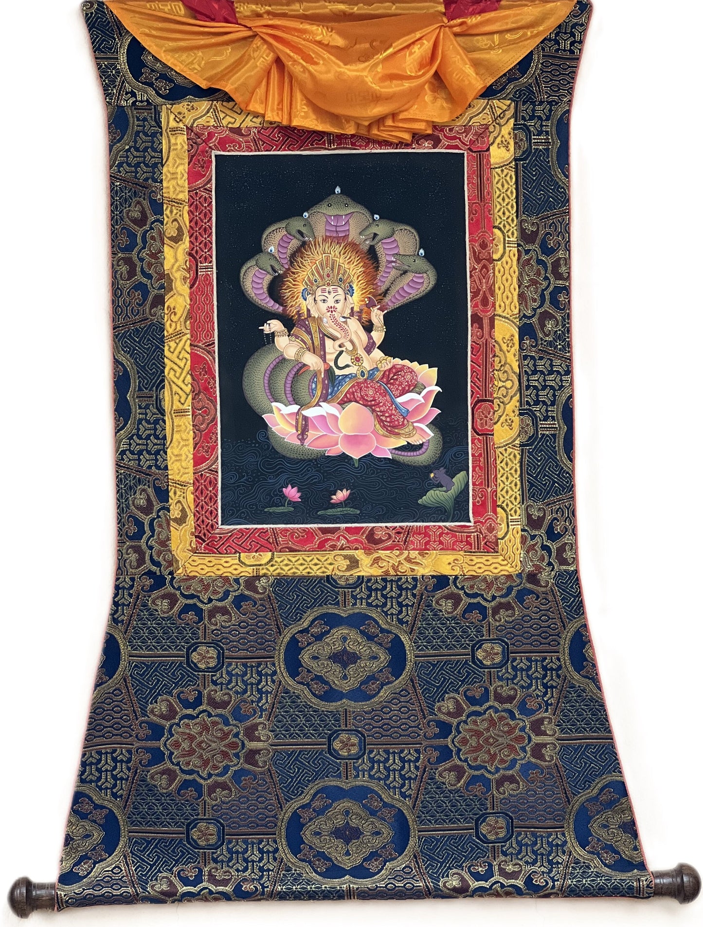 Hand painted Master Quality Ganesha/ Ganapati/ Vinayaka/ Destroyer of Obstacle Newari Paubha/Thangka Painting with Premium Silk Brocade