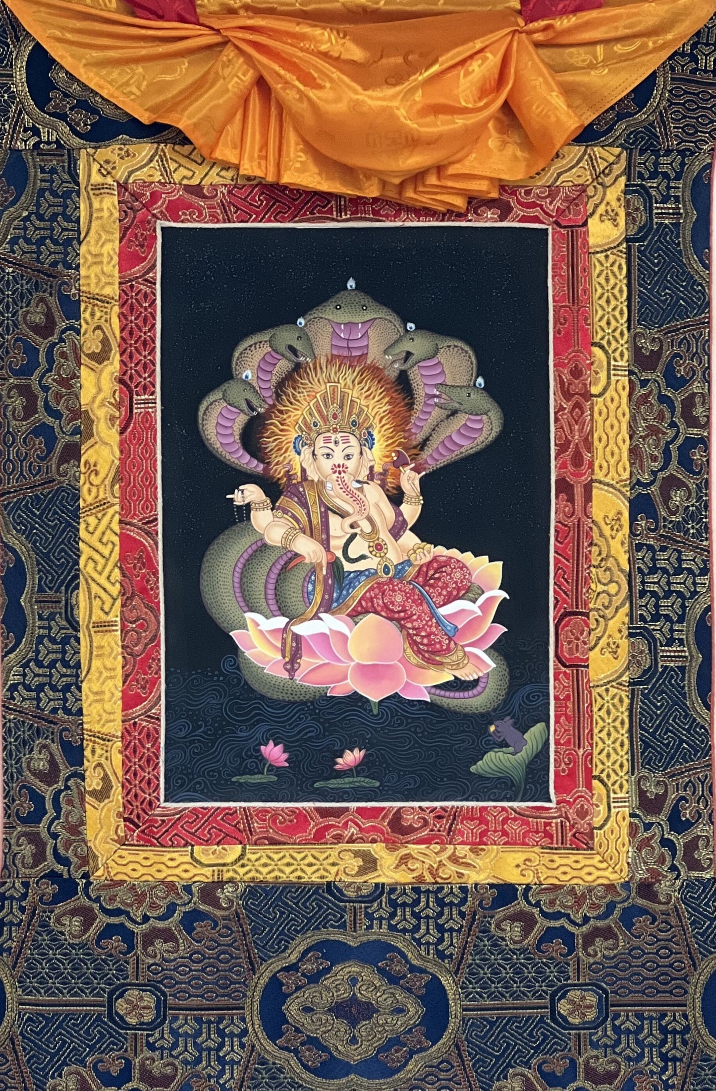 Hand painted Master Quality Ganesha/ Ganapati/ Vinayaka/ Destroyer of Obstacle Newari Paubha/Thangka Painting with Premium Silk Brocade