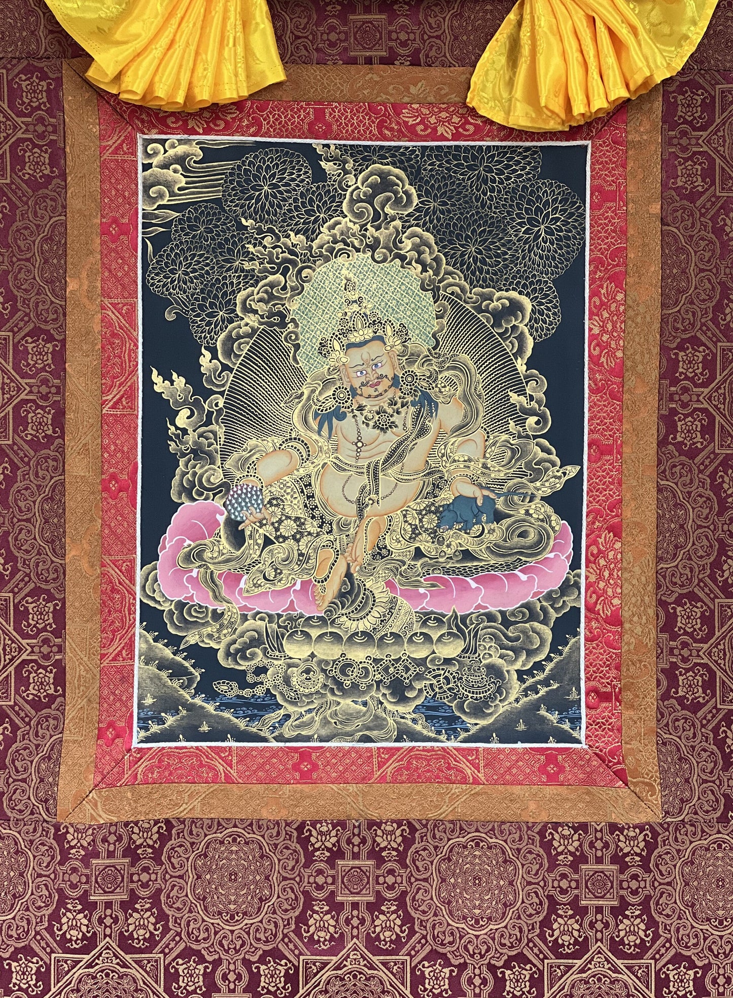 Original Hand Painted Kubera/ Jambhala/ Zambala God Of Wealth Tibetan Compassion / Meditation Thangka  Painting with Premium Silk Brocade